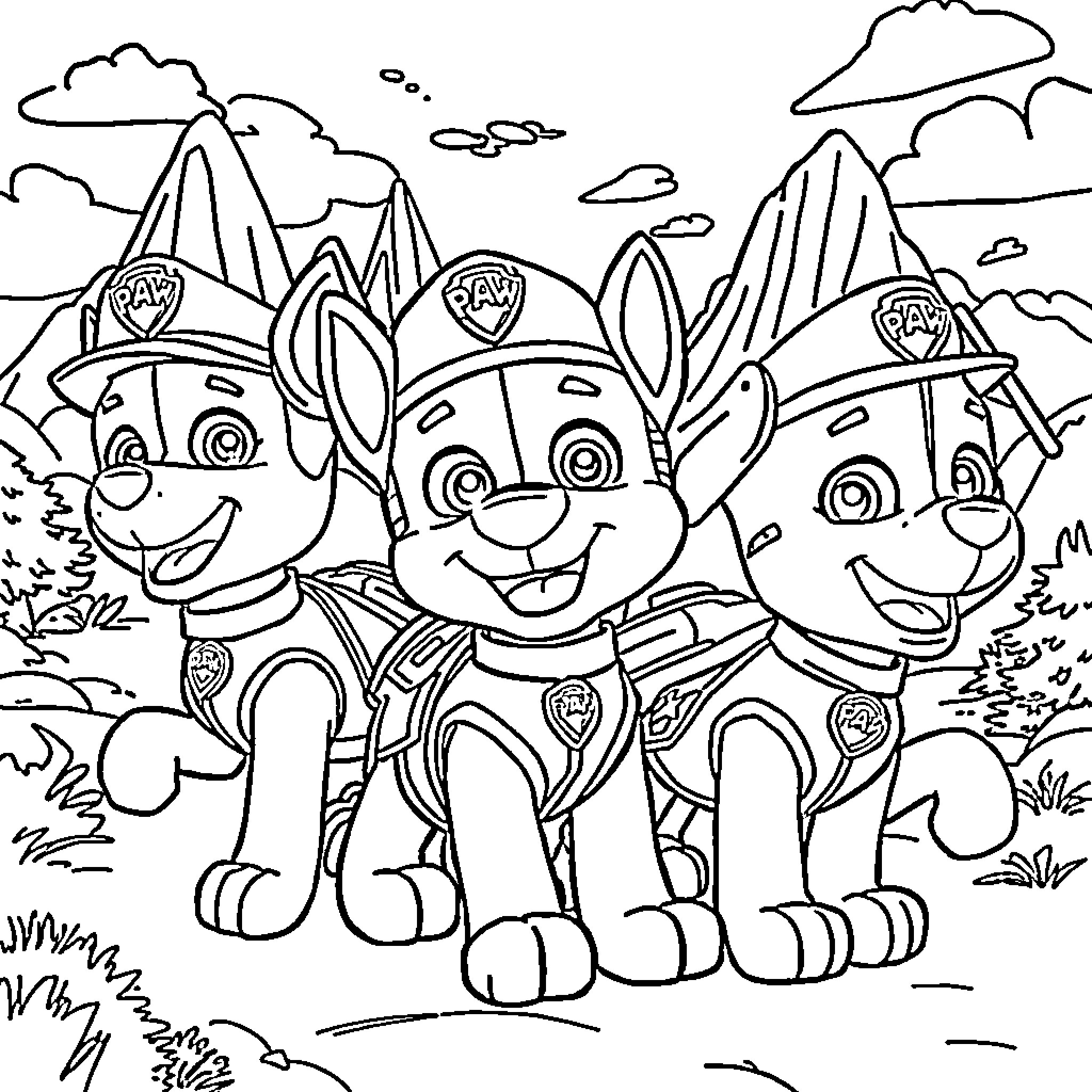Paw Patrol Pups Exploring the Outdoors Coloring Page (free black-and-white line drawing printable PDF for all, from beginners to advanced learners, including children, teens, adults, and seniors)