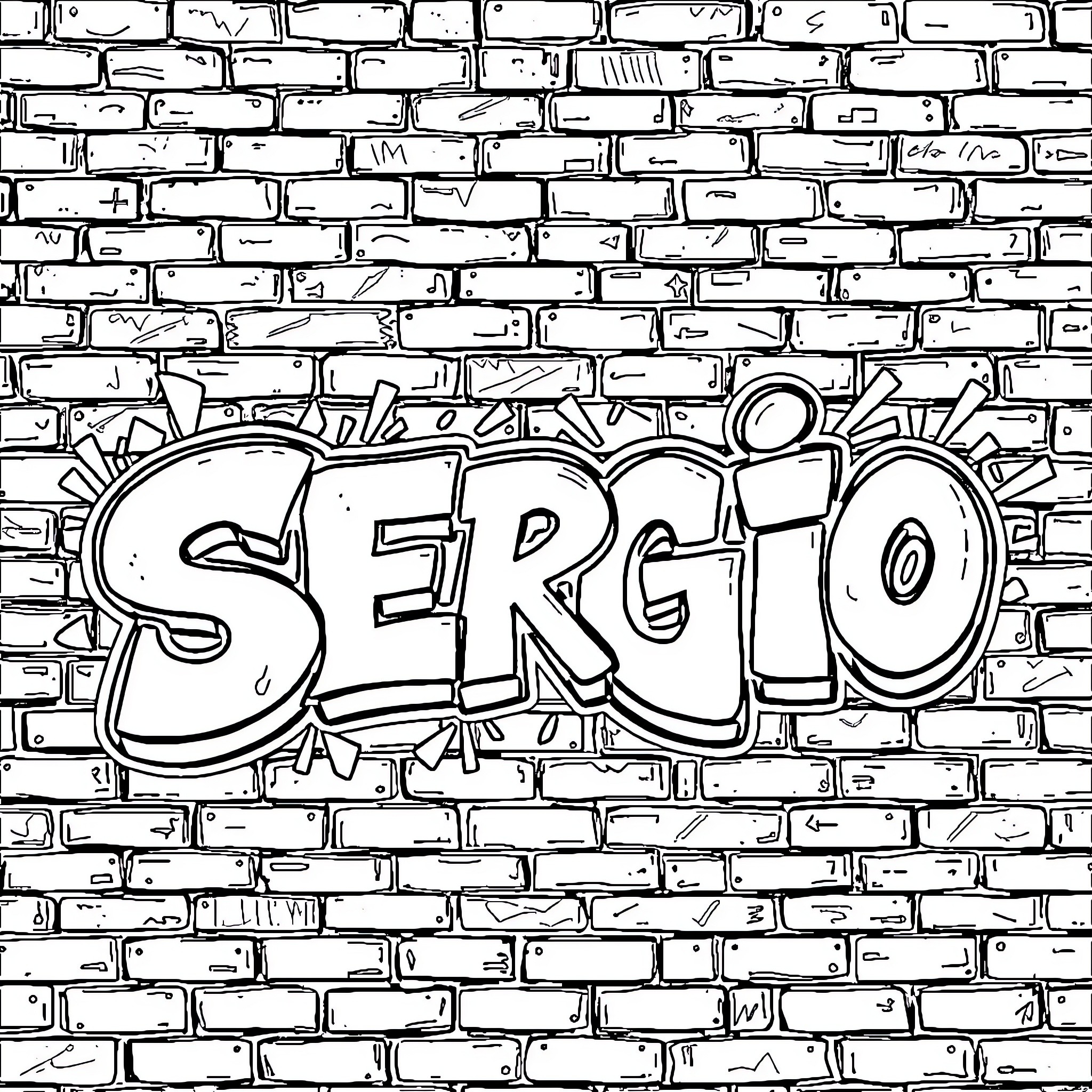 Graffiti of the name Sergio on a brick wall Coloring Page (free black-and-white line drawing printable PDF for all, from beginners to advanced learners, including children, teens, adults, and seniors)
