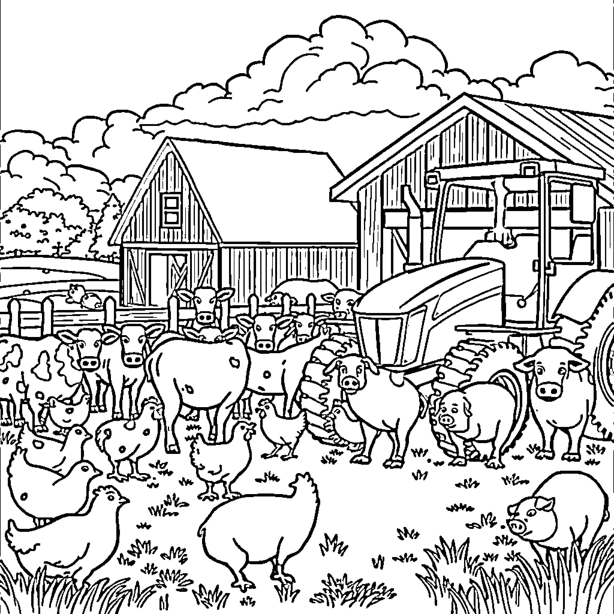 Farm animals gathering near the barn Coloring Page (free black-and-white line drawing printable PDF for all, from beginners to advanced learners, including children, teens, adults, and seniors)