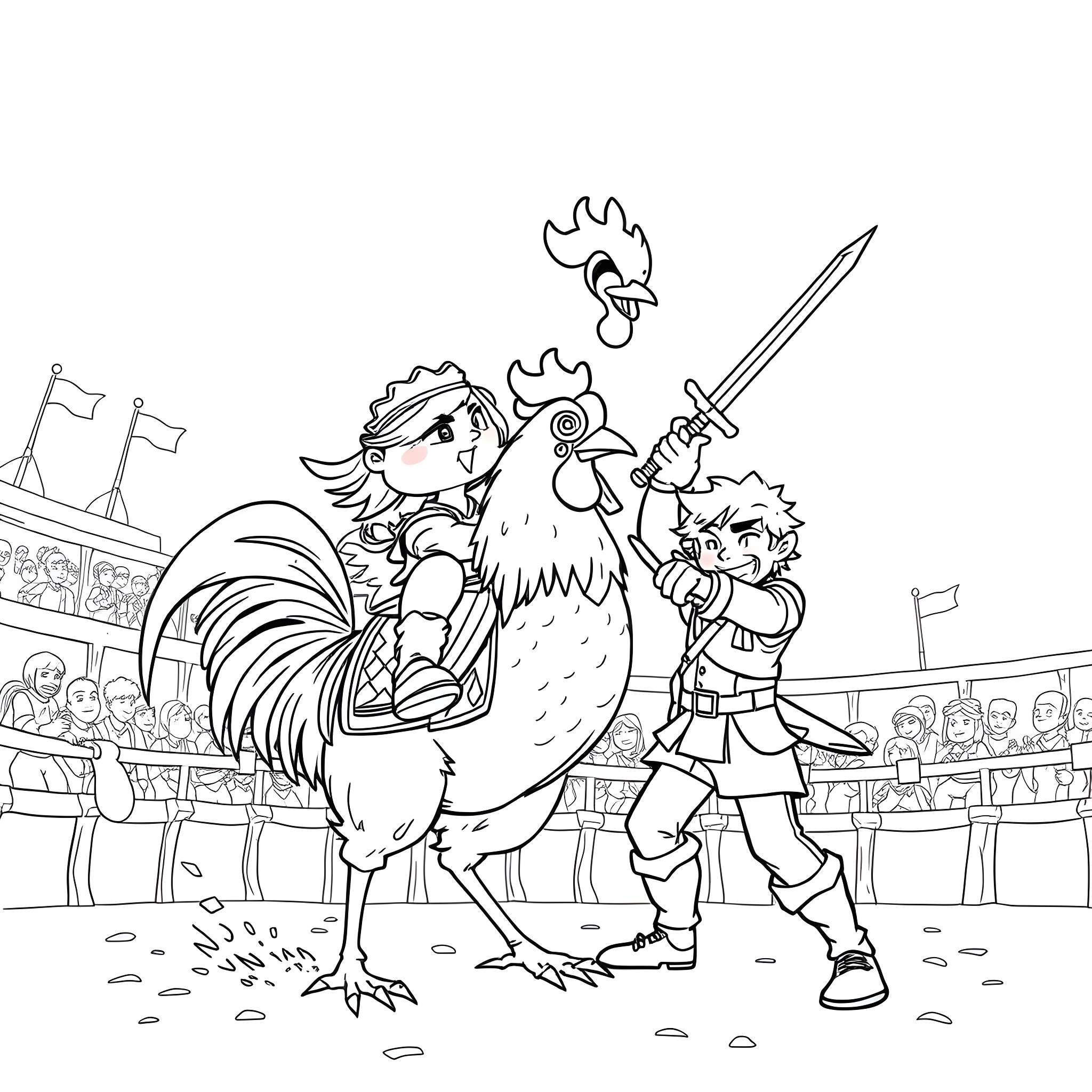 Chicken warrior and knight in an arena battle Coloring Page (free black-and-white line drawing printable PDF for all, from beginners to advanced learners, including children, teens, adults, and seniors)