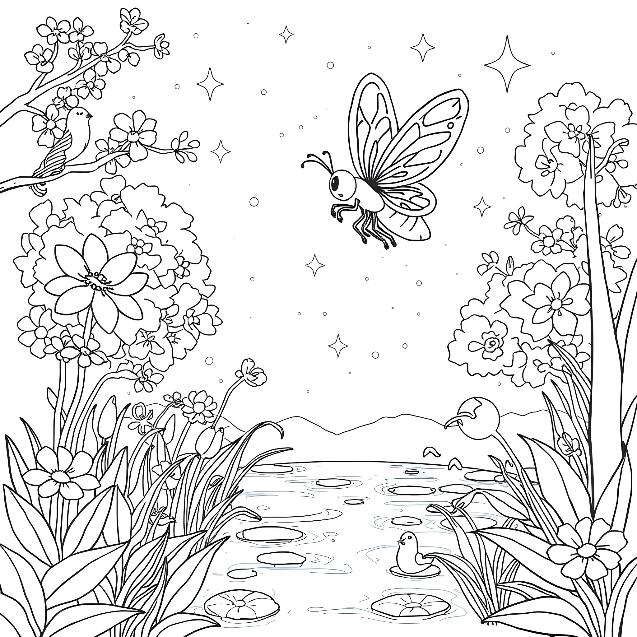 Ray's floral fantasy with a playful butterfly Coloring Page (free black-and-white line drawing printable PDF for all, from beginners to advanced learners, including children, teens, adults, and seniors)