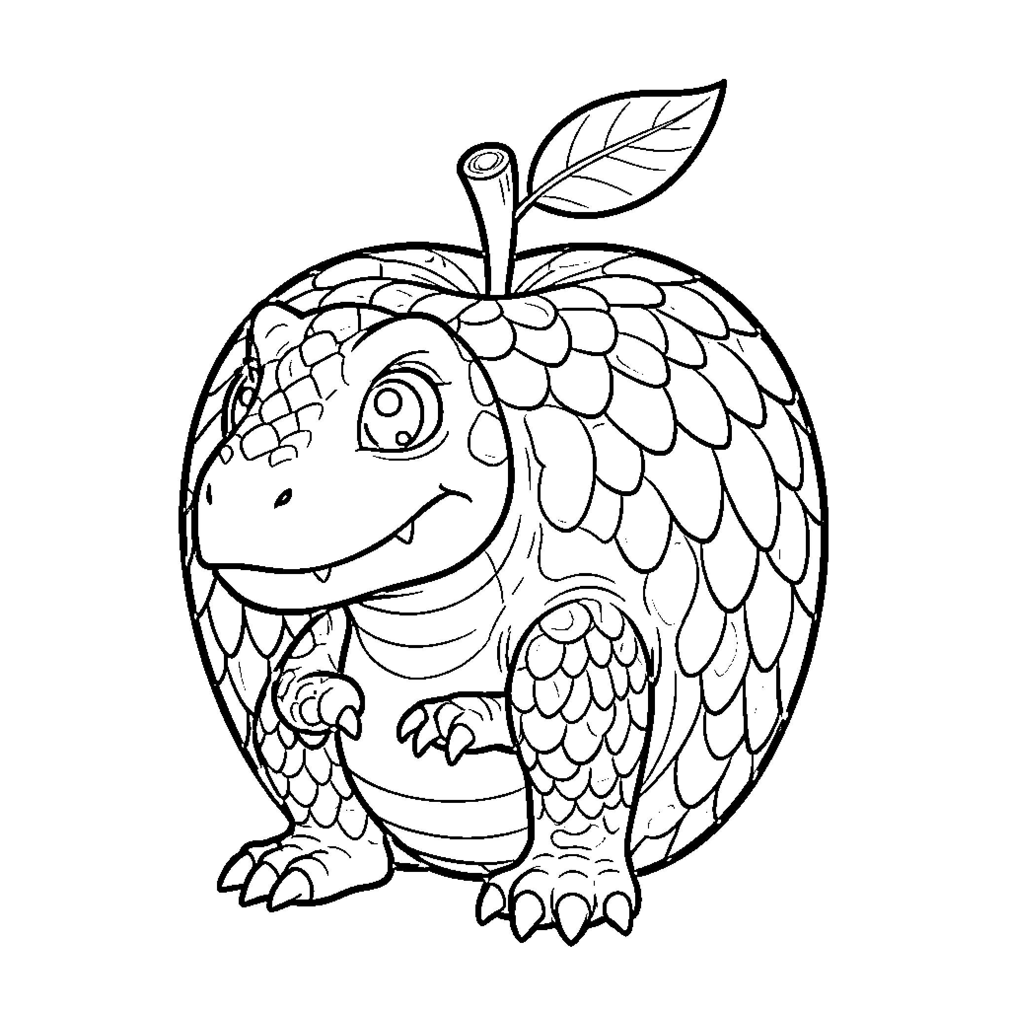 Dinossauro apple-shaped creature with scales and leaf Coloring Page (free black-and-white line drawing printable PDF for all, from beginners to advanced learners, including children, teens, adults, and seniors)
