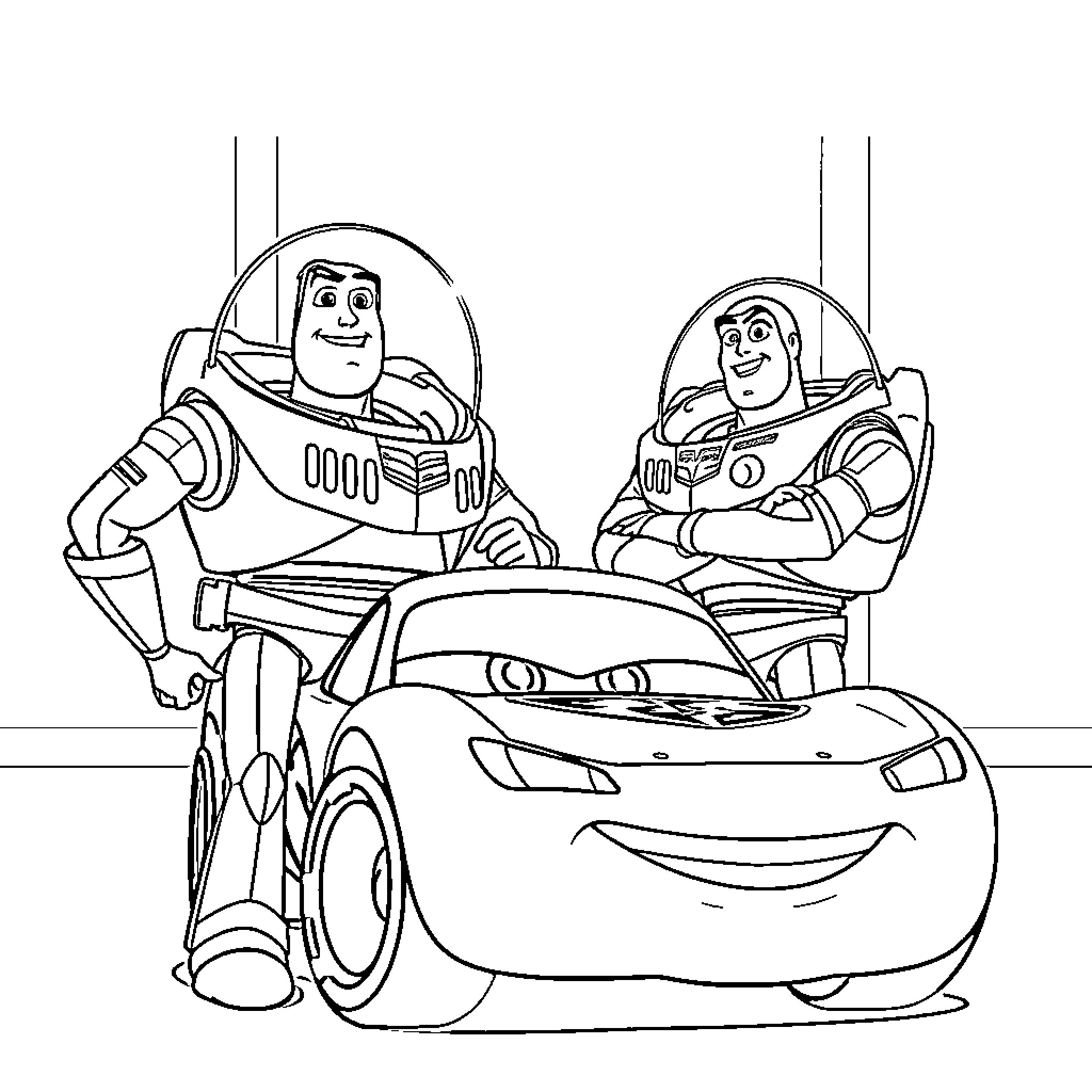 Lightning McQueen posing with Buzz Lightyear and Woody Coloring Page (free black-and-white line drawing printable PDF for all, from beginners to advanced learners, including children, teens, adults, and seniors)