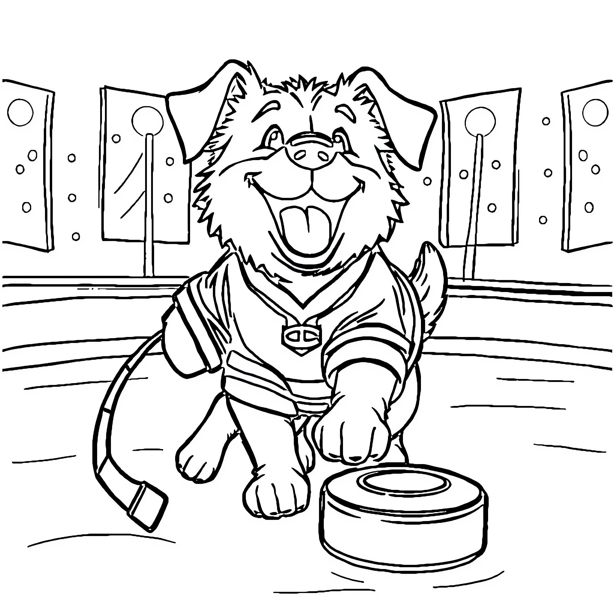 Dog happily eating from food bowl in stadium Coloring Page (free black-and-white line drawing printable PDF for all, from beginners to advanced learners, including children, teens, adults, and seniors)