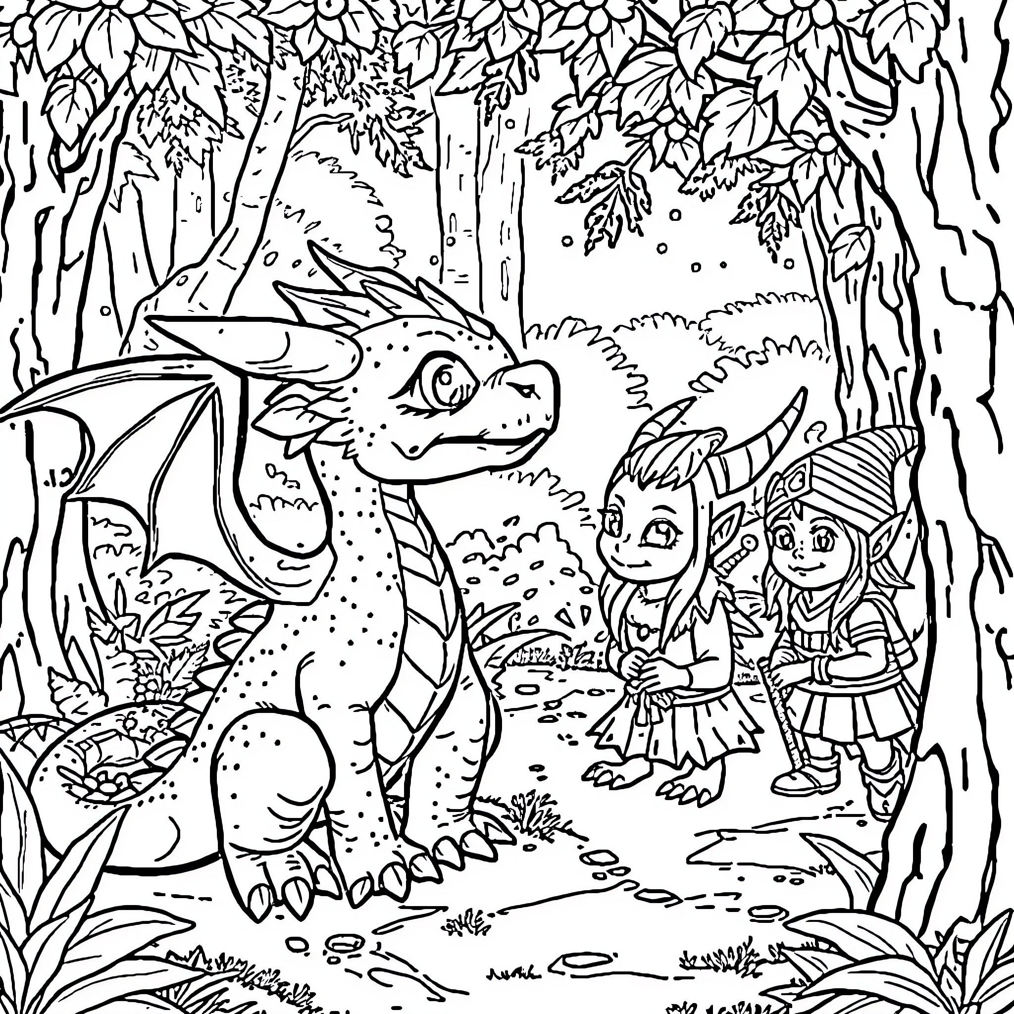 Dragon Guards Precious Treasure in Enchanted Forest Coloring Page (free black-and-white line drawing printable PDF for all, from beginners to advanced learners, including children, teens, adults, and seniors)