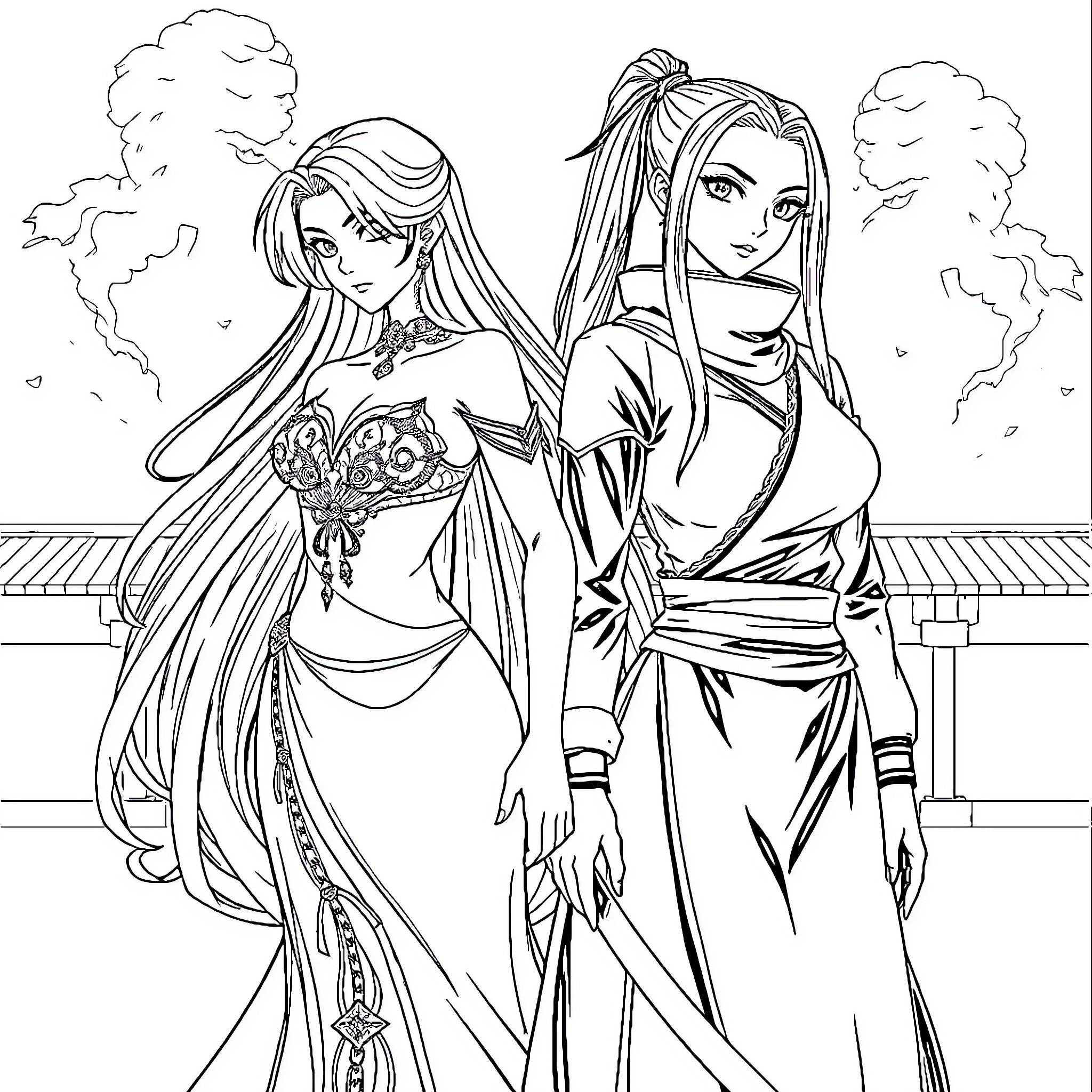 Rias Gremory and Akeno Himejima in Formal Attire Coloring Page (free black-and-white line drawing printable PDF for all, from beginners to advanced learners, including children, teens, adults, and seniors)