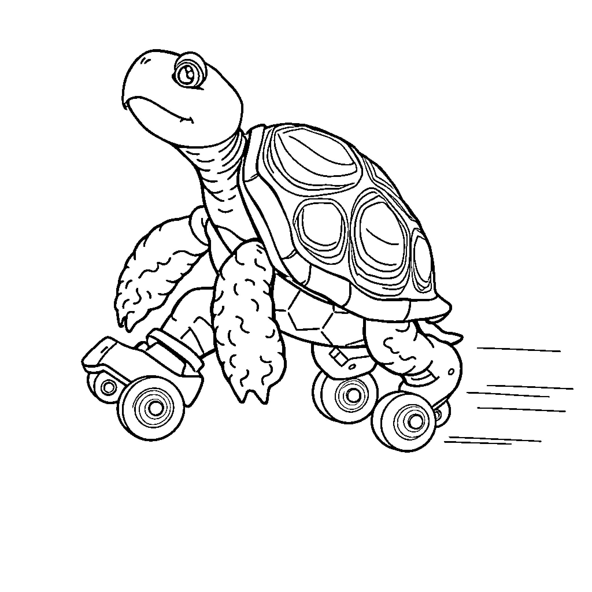 Turtle riding roller skates on the move Coloring Page (free black-and-white line drawing printable PDF for all, from beginners to advanced learners, including children, teens, adults, and seniors)
