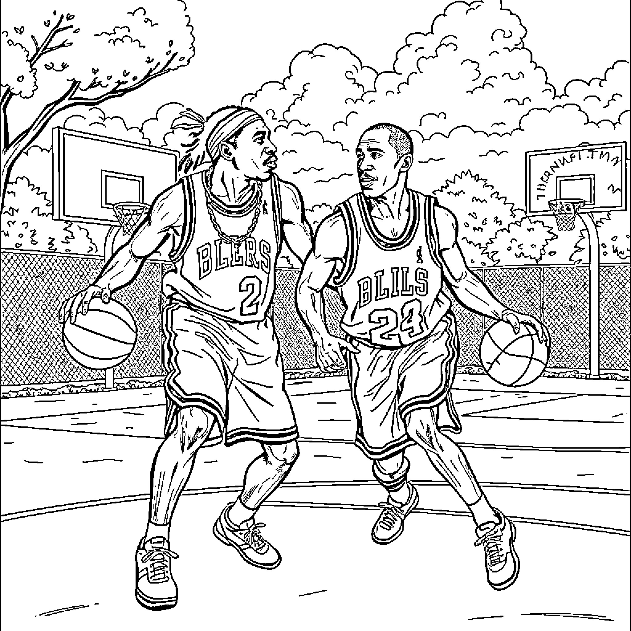 2pac basketball game with friends on the court Coloring Page (free black-and-white line drawing printable PDF for all, from beginners to advanced learners, including children, teens, adults, and seniors)