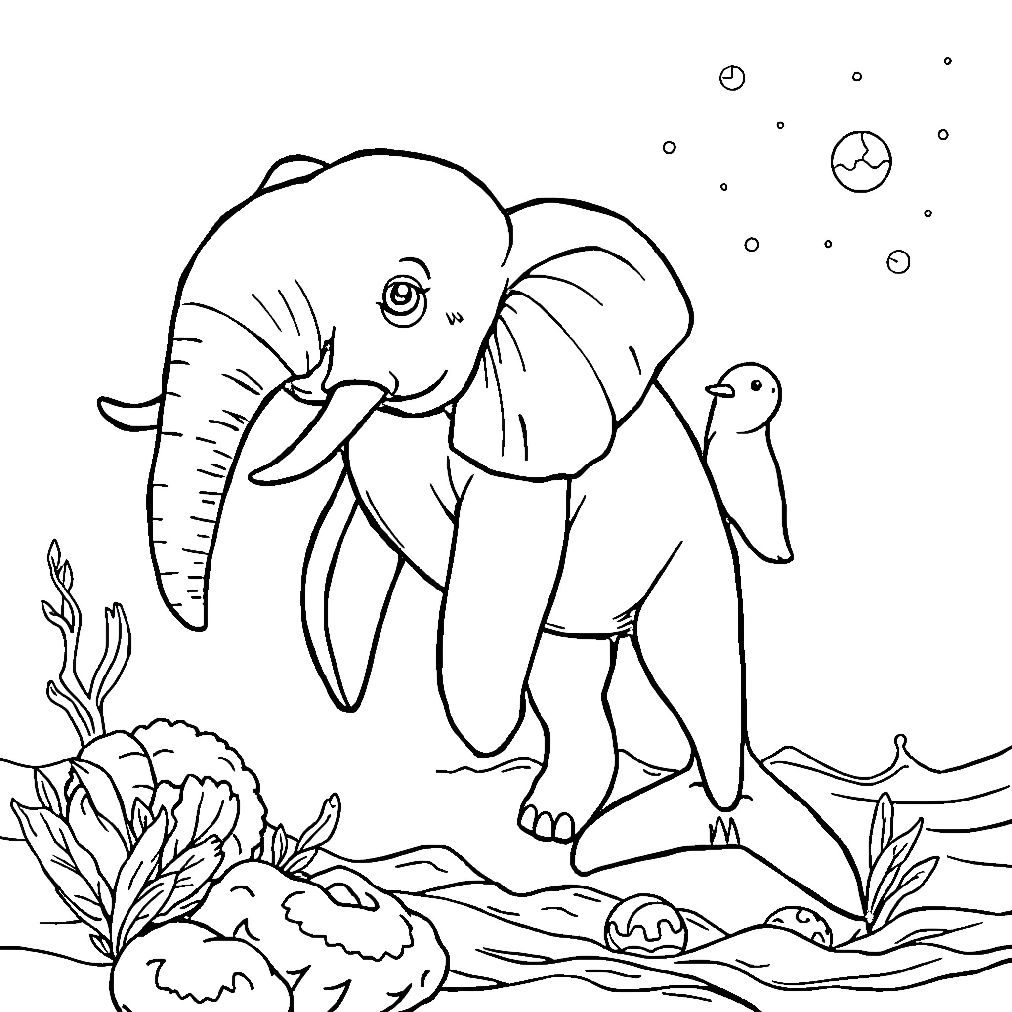 Pisica playing with small elephant in the jungle Coloring Page (free black-and-white line drawing printable PDF for all, from beginners to advanced learners, including children, teens, adults, and seniors)
