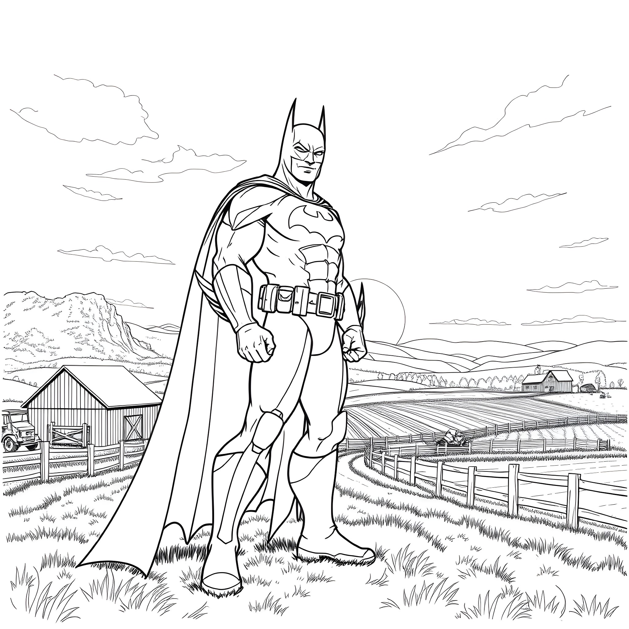 Batman standing heroically in a rural landscape Coloring Page (free black-and-white line drawing printable PDF for all, from beginners to advanced learners, including children, teens, adults, and seniors)