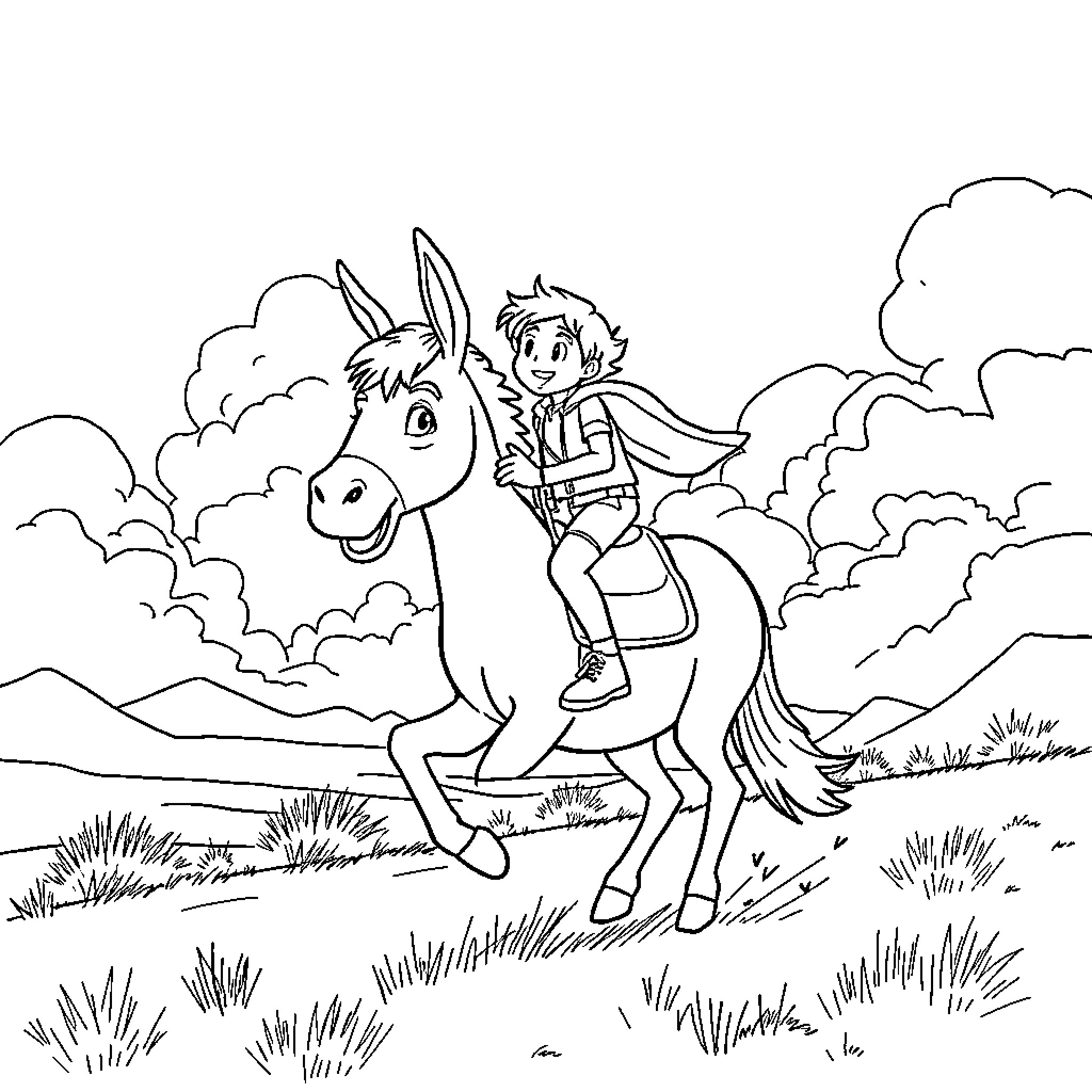 Olentzero riding a jolly donkey through the countryside Coloring Page (free black-and-white line drawing printable PDF for all, from beginners to advanced learners, including children, teens, adults, and seniors)