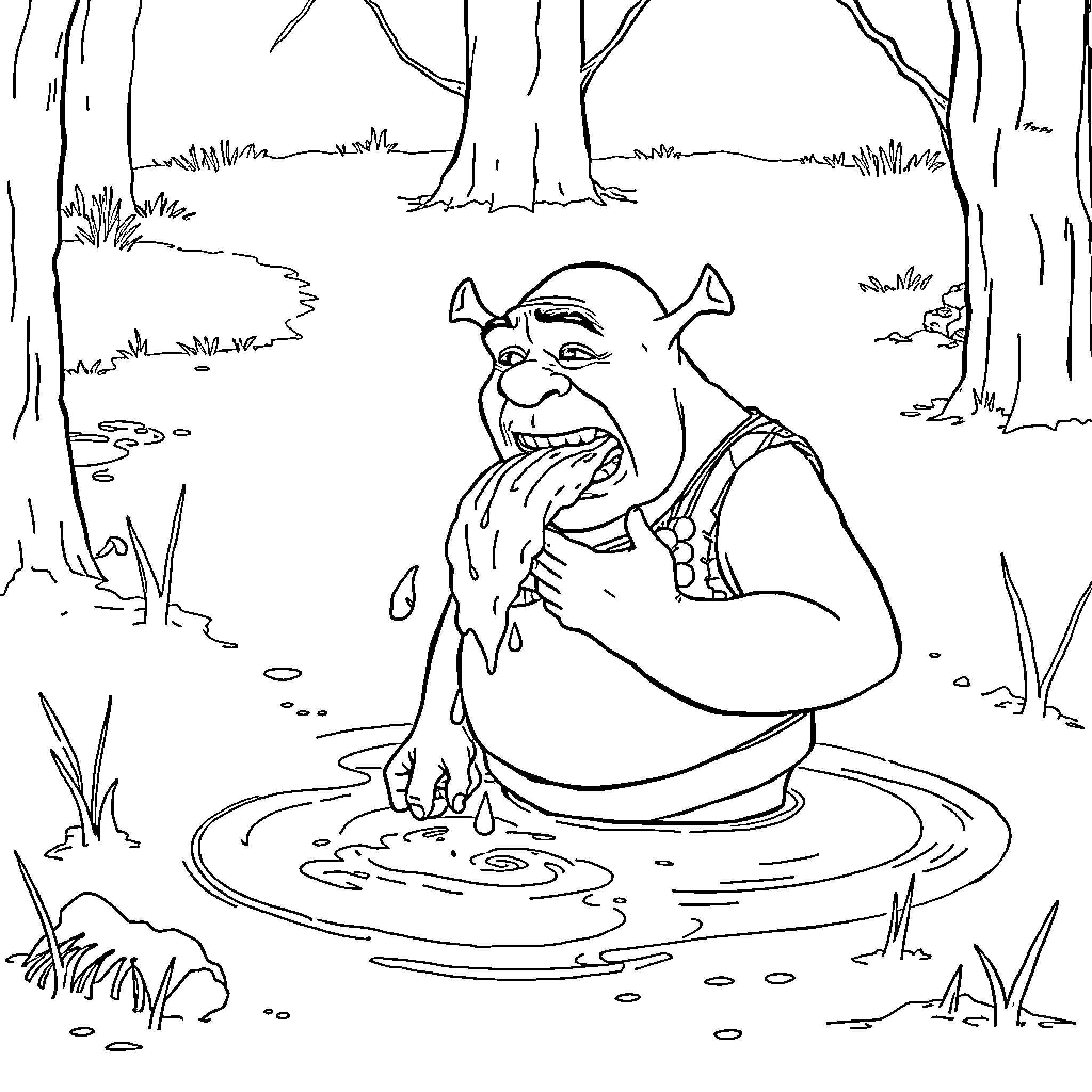 Shrek relaxing in a pond in the forest Coloring Page (free black-and-white line drawing printable PDF for all, from beginners to advanced learners, including children, teens, adults, and seniors)