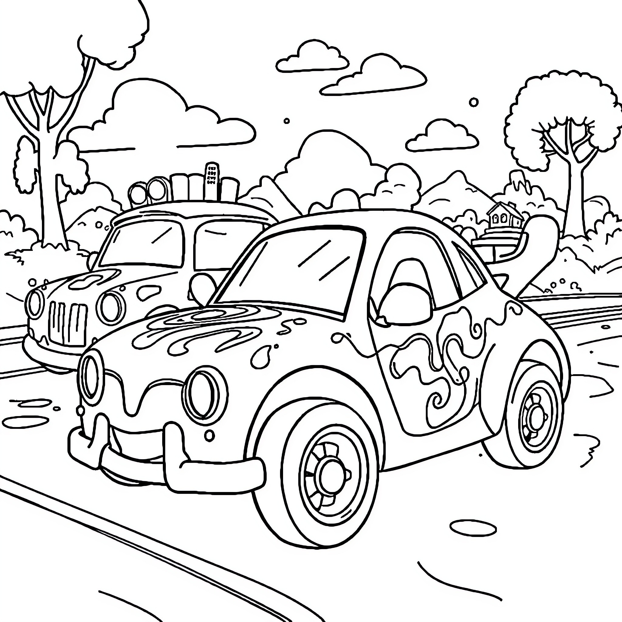 Car driving through a whimsical landscape Coloring Page (free black-and-white line drawing printable PDF for all, from beginners to advanced learners, including children, teens, adults, and seniors)