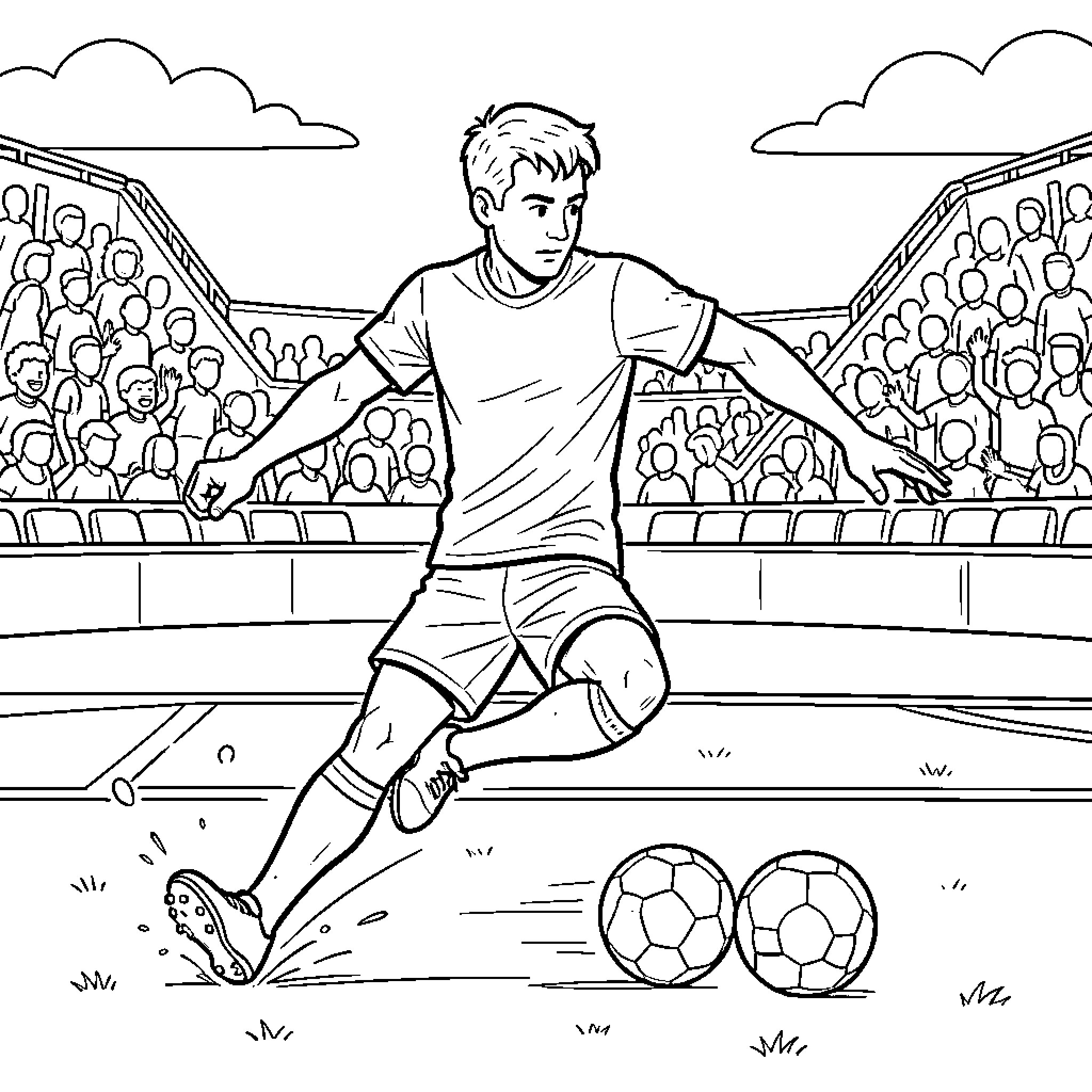 Soccer Player kicking a ball in a crowded stadium Coloring Page (free black-and-white line drawing printable PDF for all, from beginners to advanced learners, including children, teens, adults, and seniors)