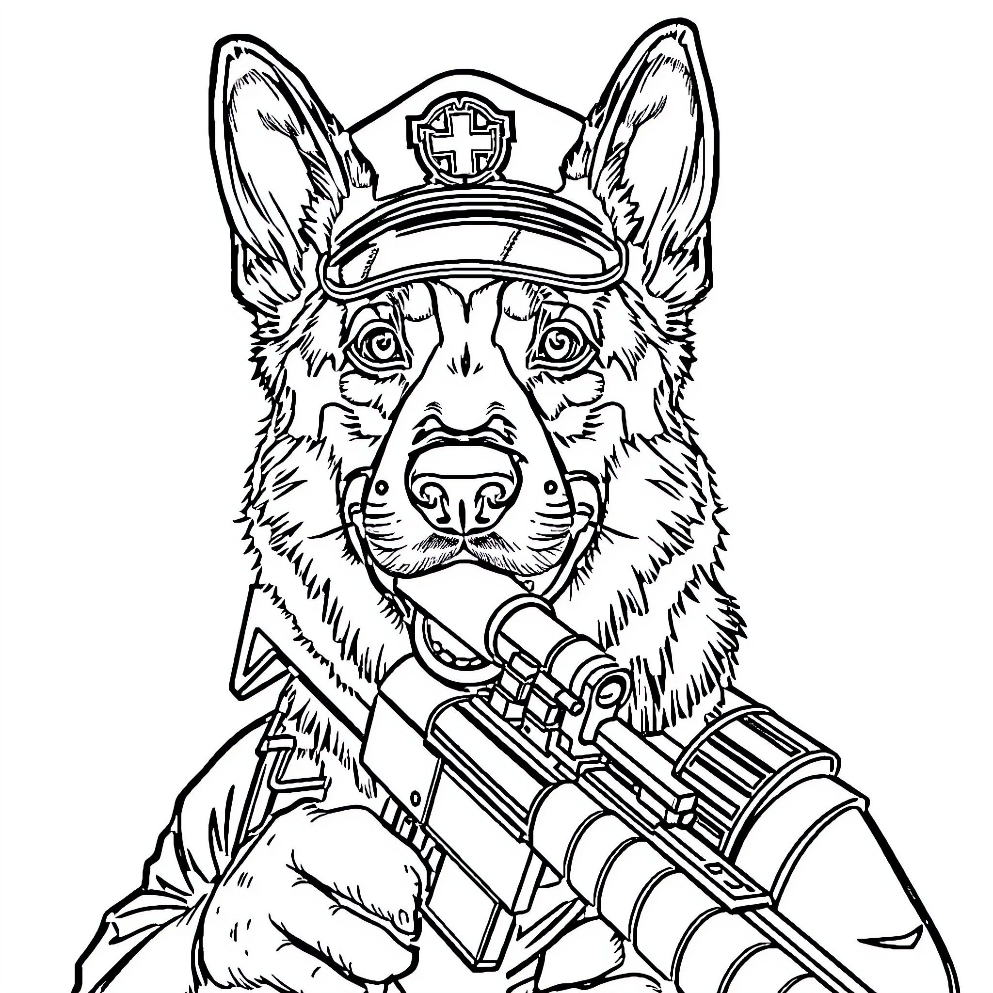 German Shepherd Dressed as Rescue Worker with Gear Coloring Page (free black-and-white line drawing printable PDF for all, from beginners to advanced learners, including children, teens, adults, and seniors)