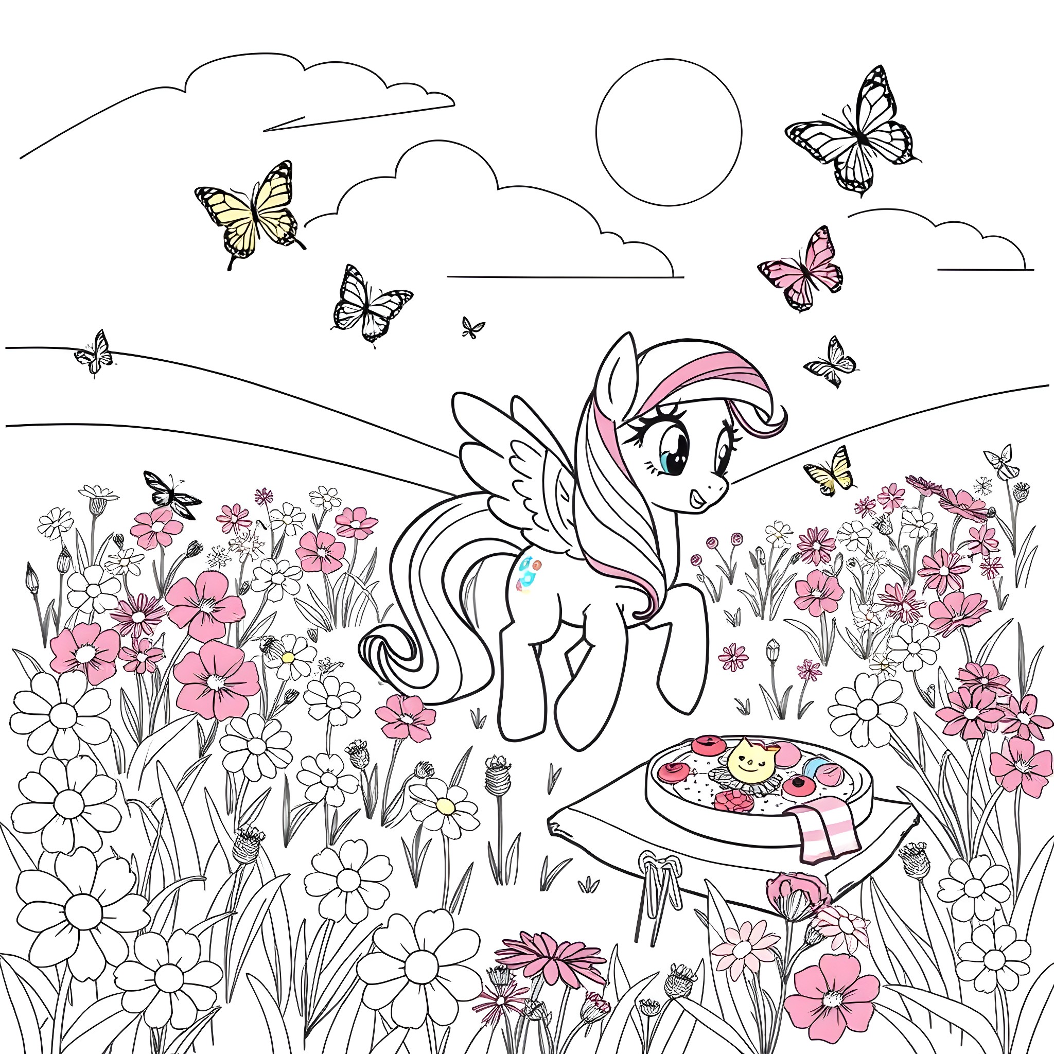 Pony enjoying a magical meadow with butterflies Coloring Page (free black-and-white line drawing printable PDF for all, from beginners to advanced learners, including children, teens, adults, and seniors)