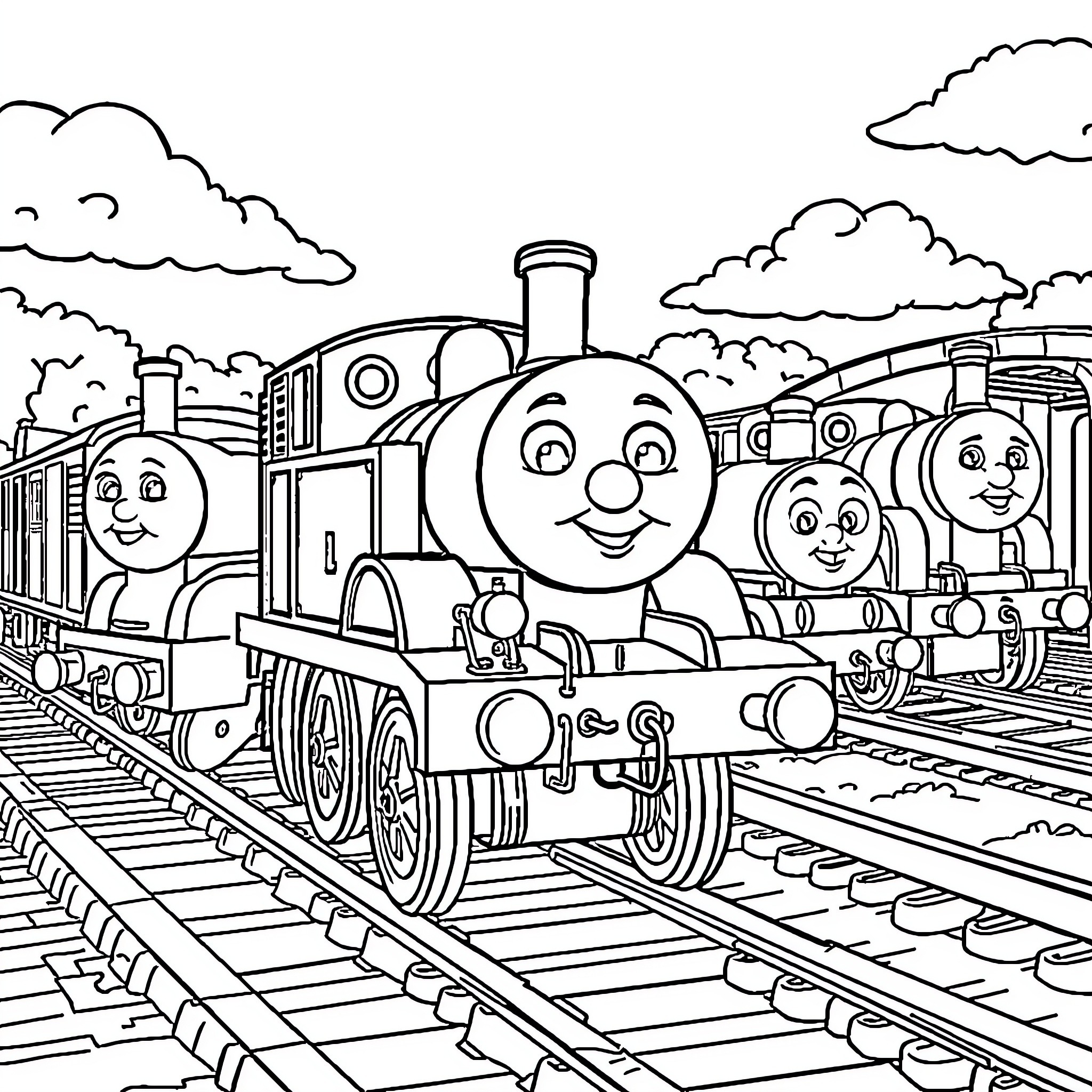 Thomas the Train and Friends on the Railway Coloring Page (free black-and-white line drawing printable PDF for all, from beginners to advanced learners, including children, teens, adults, and seniors)