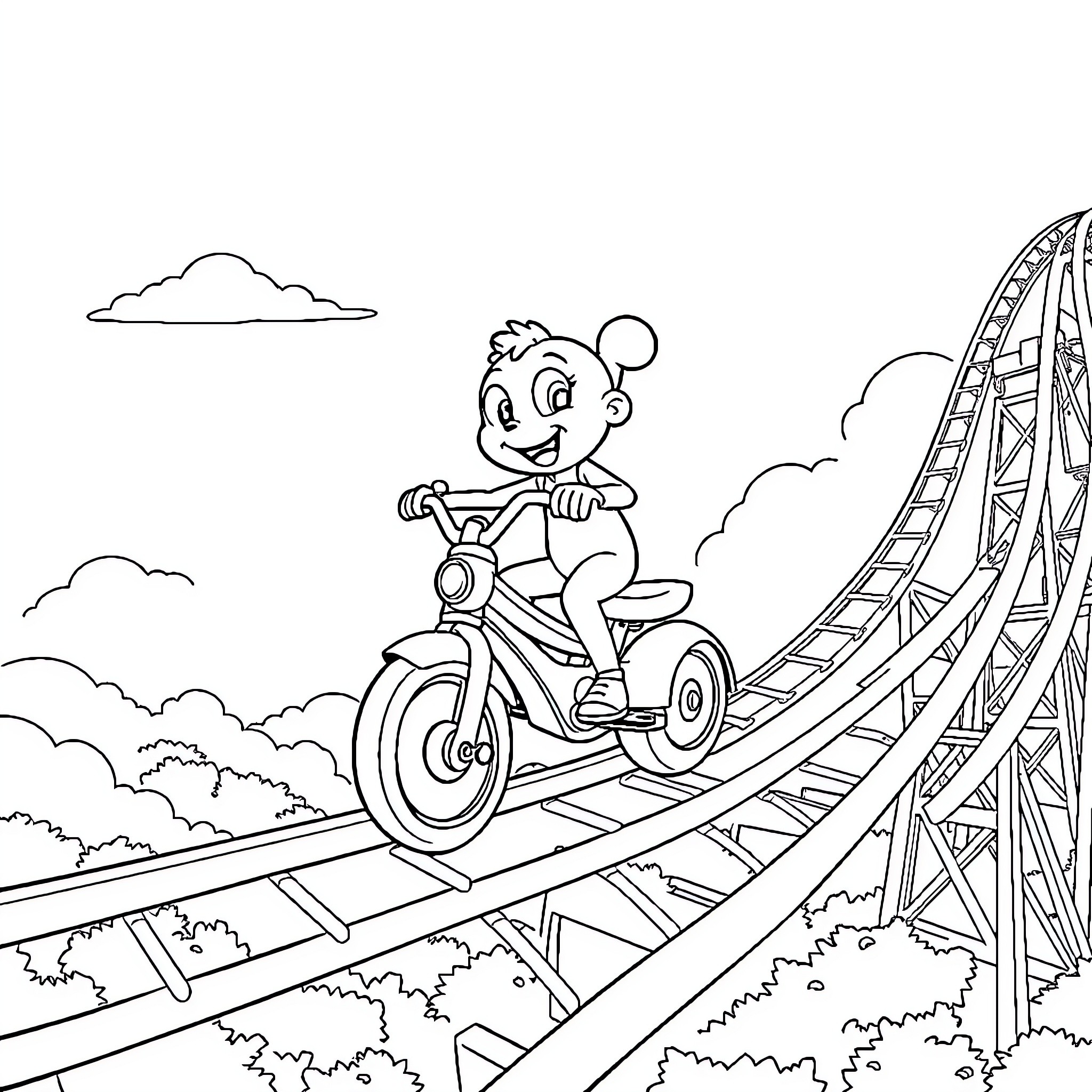 Bluey riding a tricycle on a roller coaster Coloring Page (free black-and-white line drawing printable PDF for all, from beginners to advanced learners, including children, teens, adults, and seniors)
