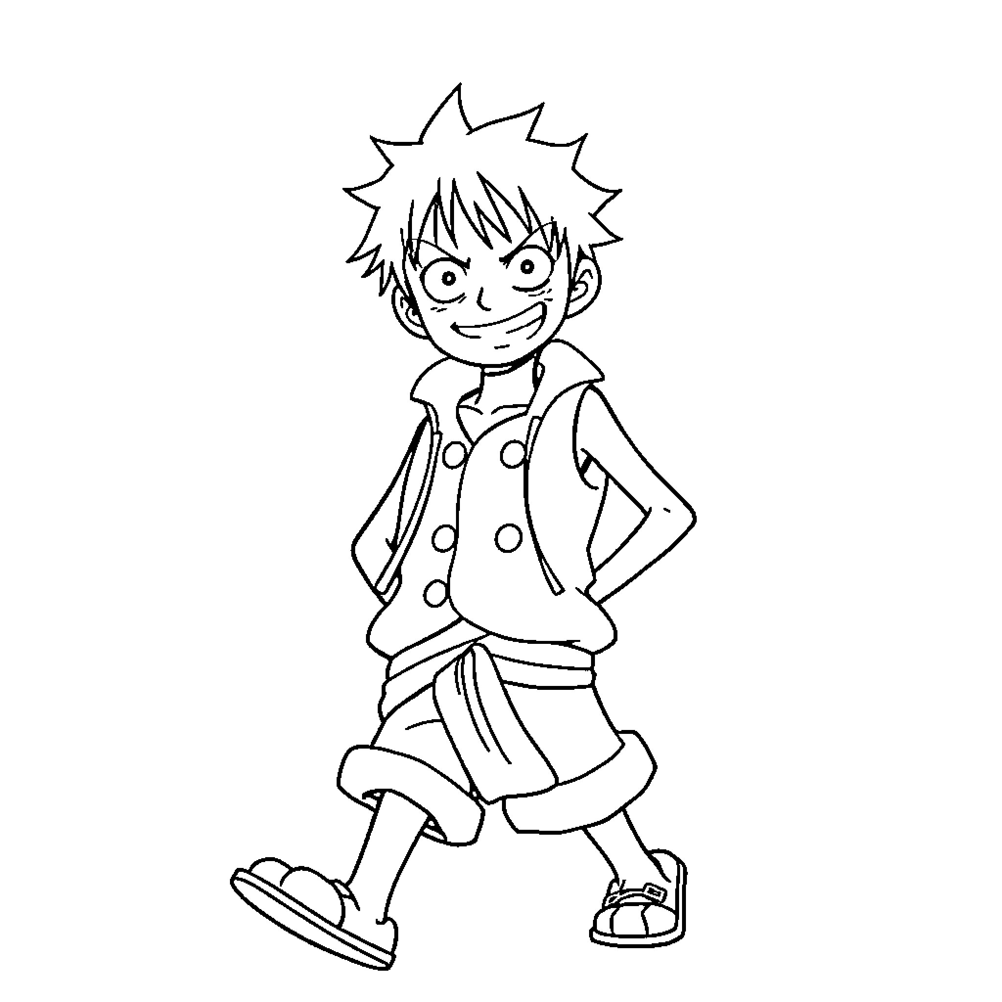Luffy standing proudly in his signature outfit Coloring Page (free black-and-white line drawing printable PDF for all, from beginners to advanced learners, including children, teens, adults, and seniors)