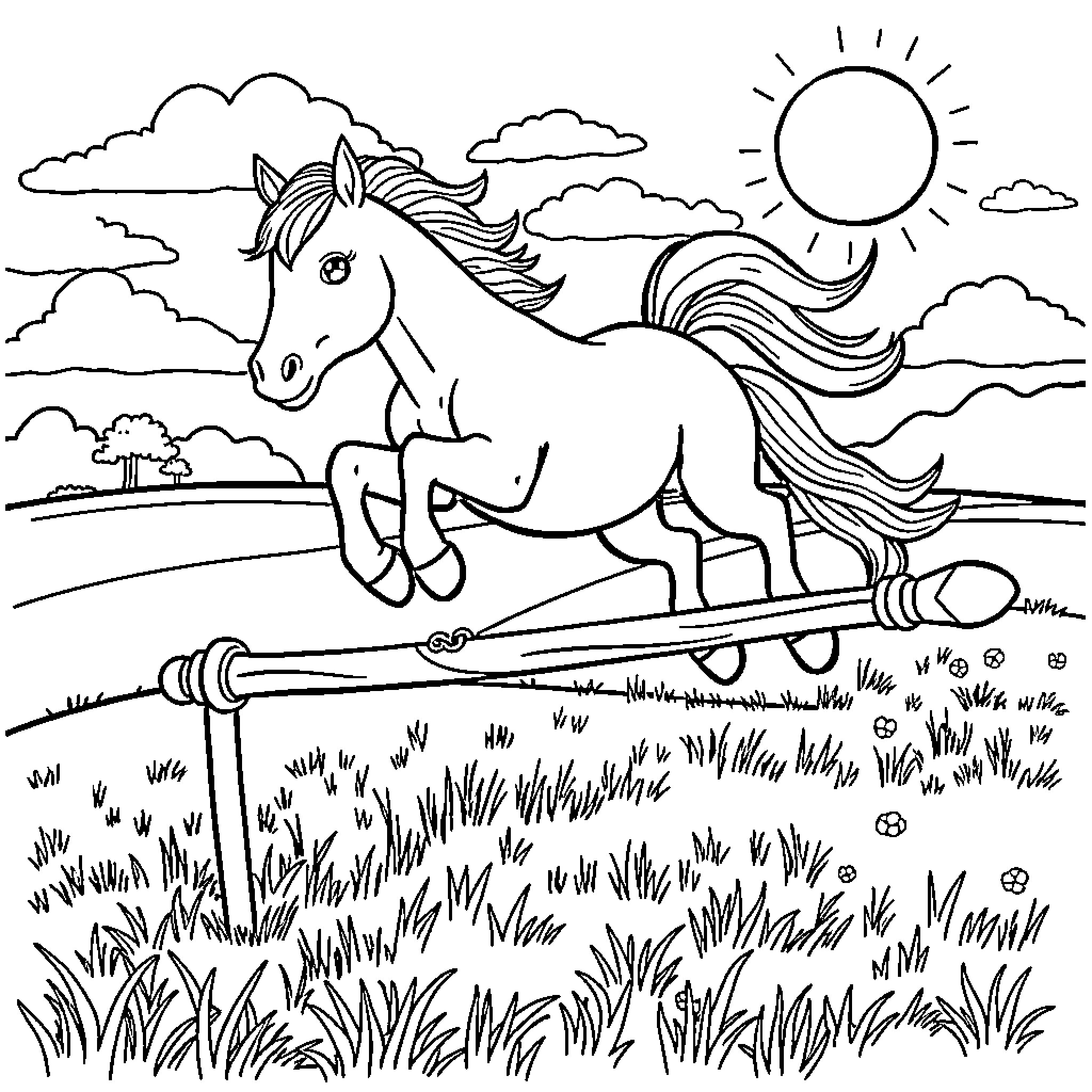 Pony galloping through a scenic field Coloring Page (free black-and-white line drawing printable PDF for all, from beginners to advanced learners, including children, teens, adults, and seniors)