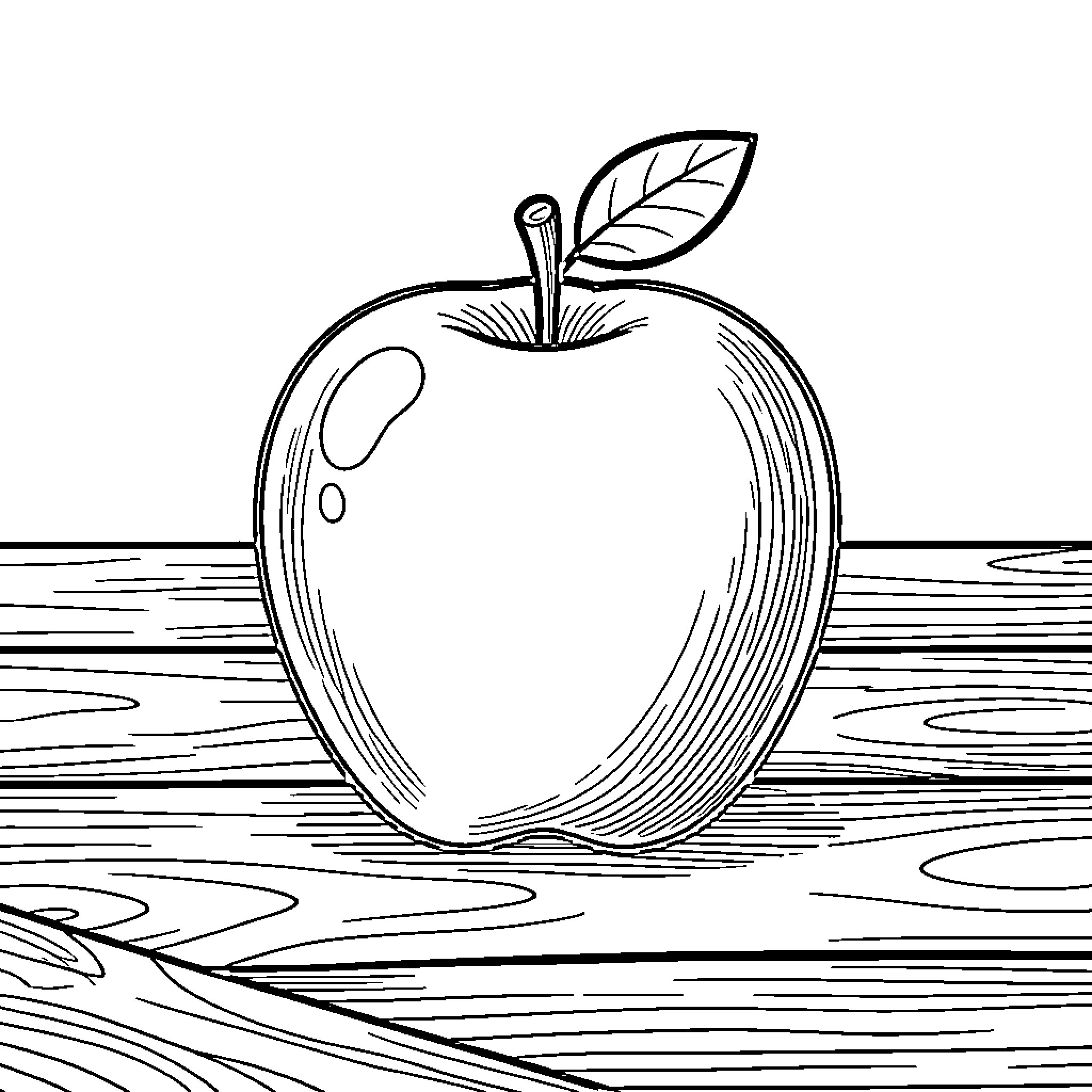 Apple Sitting on a Wooden Surface Coloring Page (free black-and-white line drawing printable PDF for all, from beginners to advanced learners, including children, teens, adults, and seniors)