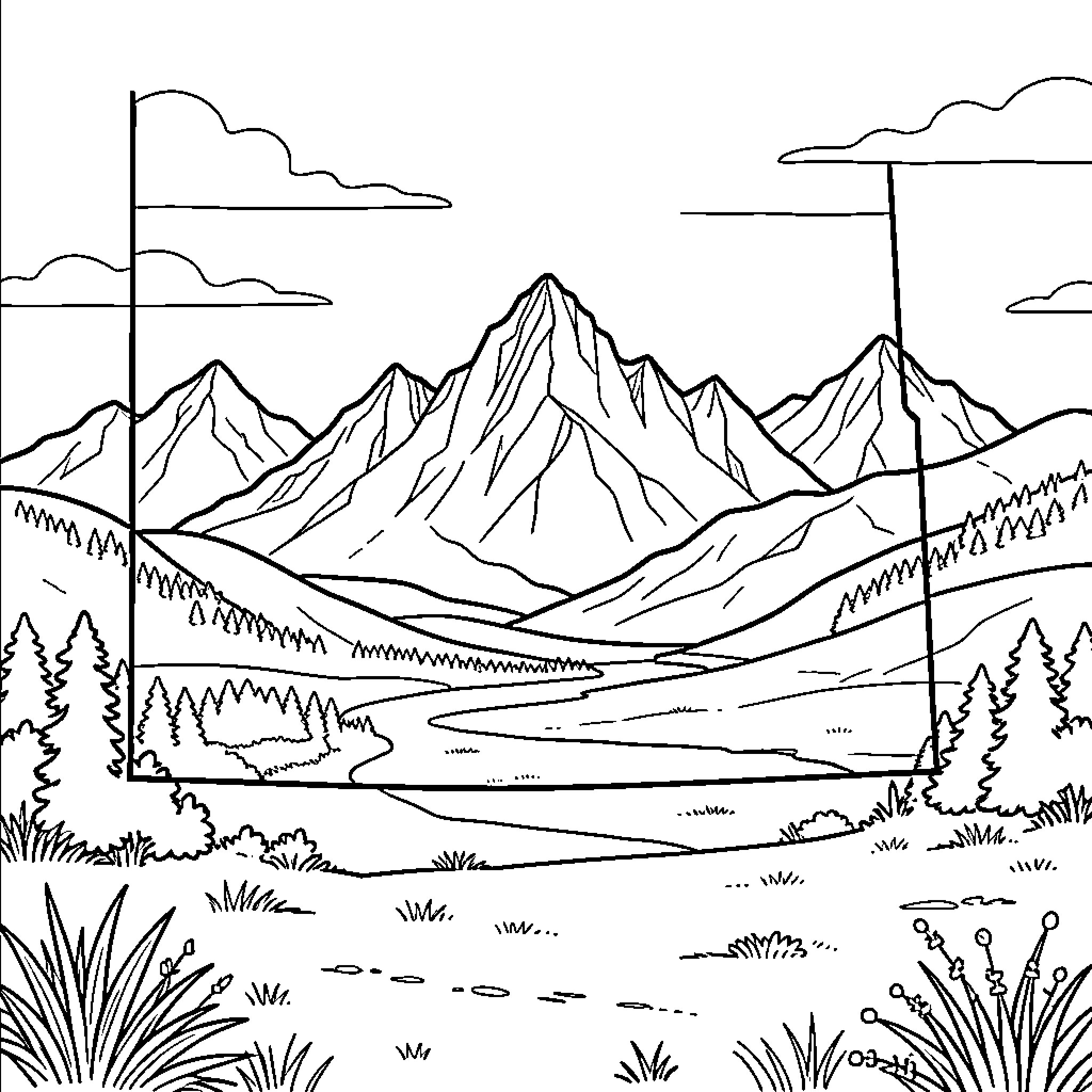 Colorado mountain landscape with rolling hills and clouds Coloring Page (free black-and-white line drawing printable PDF for all, from beginners to advanced learners, including children, teens, adults, and seniors)