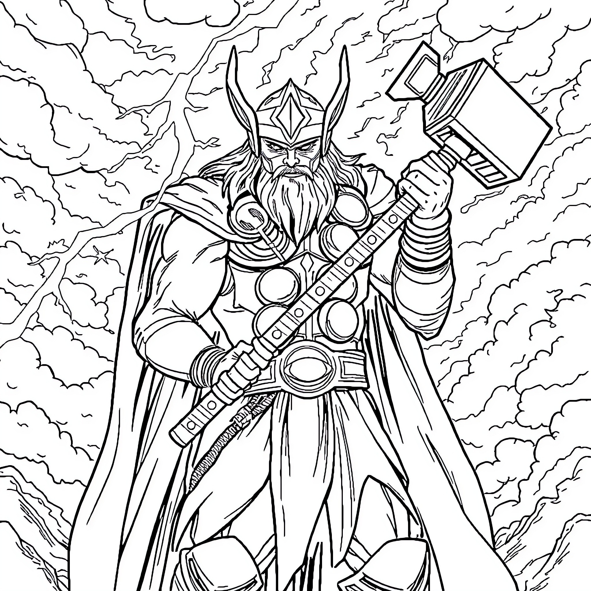 Thor's Powerful Stance in the Stormy Skies Coloring Page (free black-and-white line drawing printable PDF for all, from beginners to advanced learners, including children, teens, adults, and seniors)