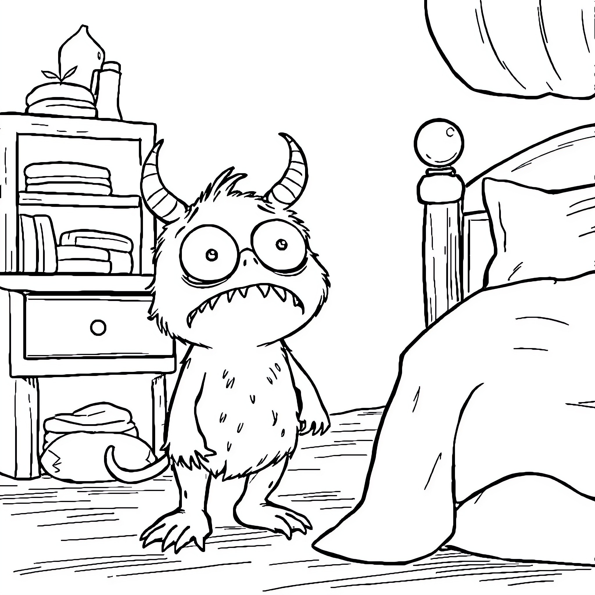 Monster reading books in a room Coloring Page (free black-and-white line drawing printable PDF for all, from beginners to advanced learners, including children, teens, adults, and seniors)