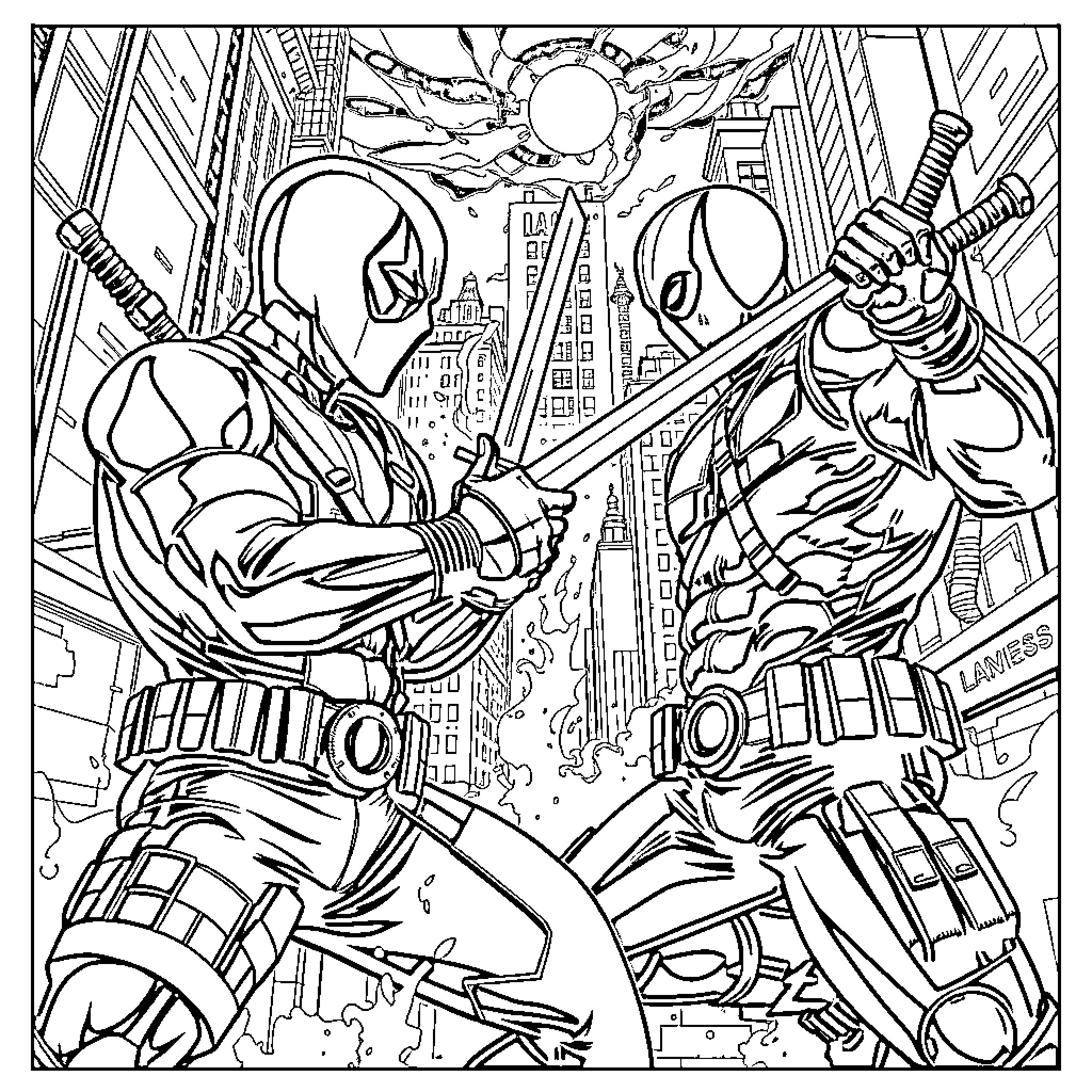 Deadpool's Explosive Clash in the City Coloring Page (free black-and-white line drawing printable PDF for all, from beginners to advanced learners, including children, teens, adults, and seniors)