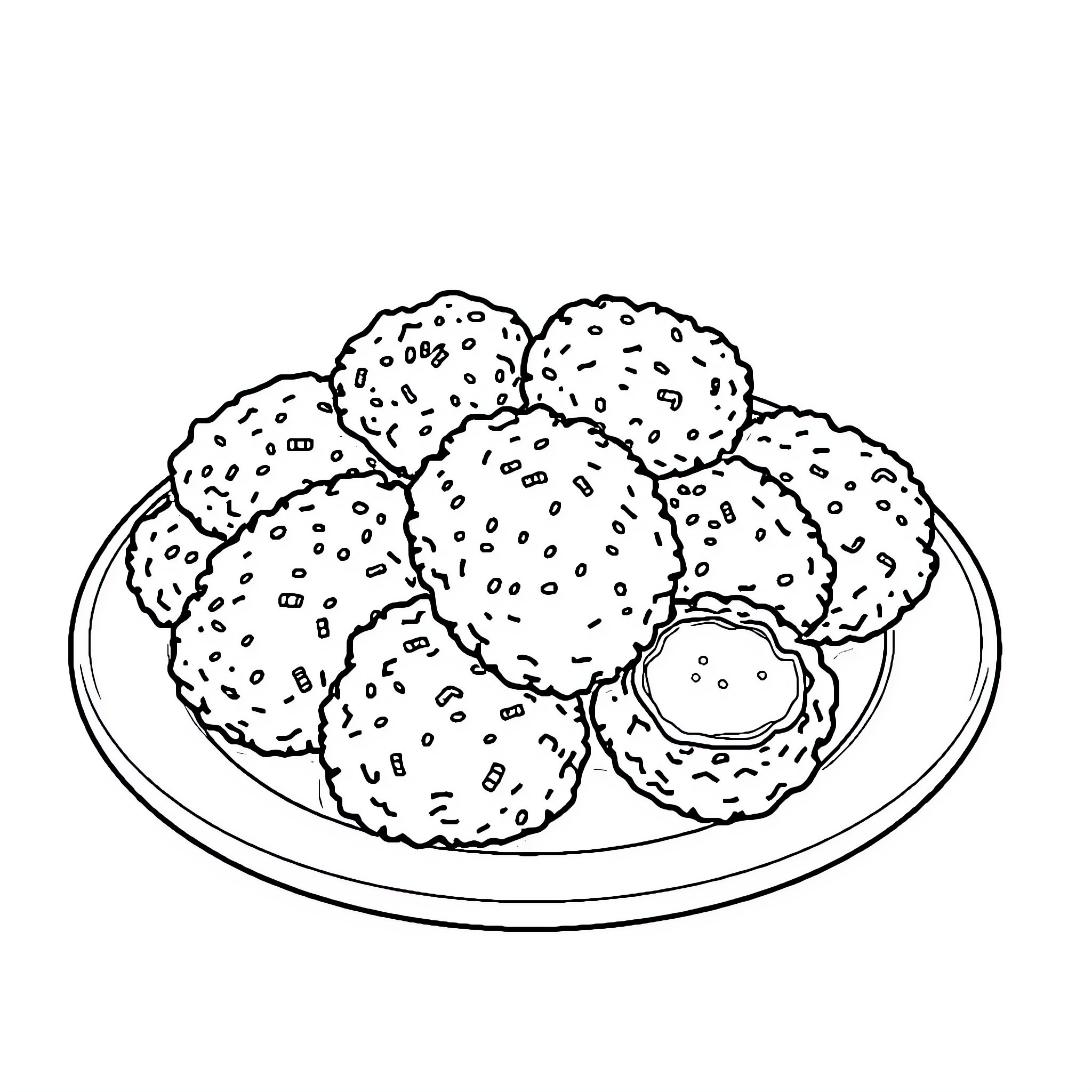 Nugget plate of delicious fried treats Coloring Page (free black-and-white line drawing printable PDF for all, from beginners to advanced learners, including children, teens, adults, and seniors)