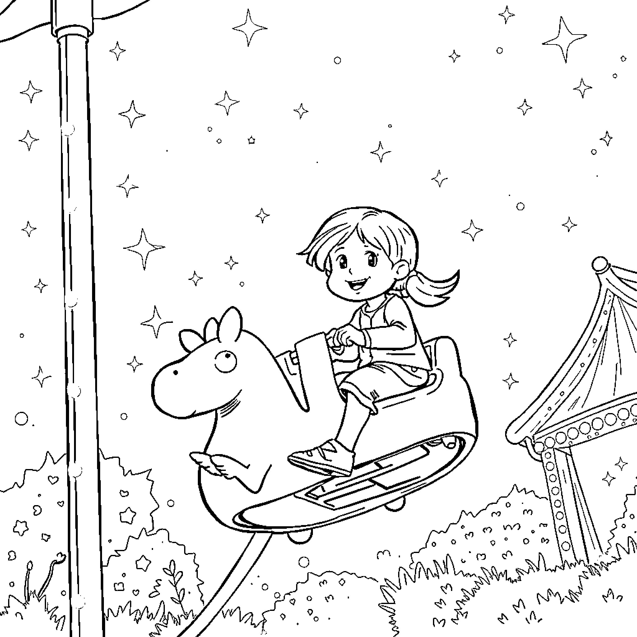 Girl riding a magical unicorn under the night sky Coloring Page (free black-and-white line drawing printable PDF for all, from beginners to advanced learners, including children, teens, adults, and seniors)