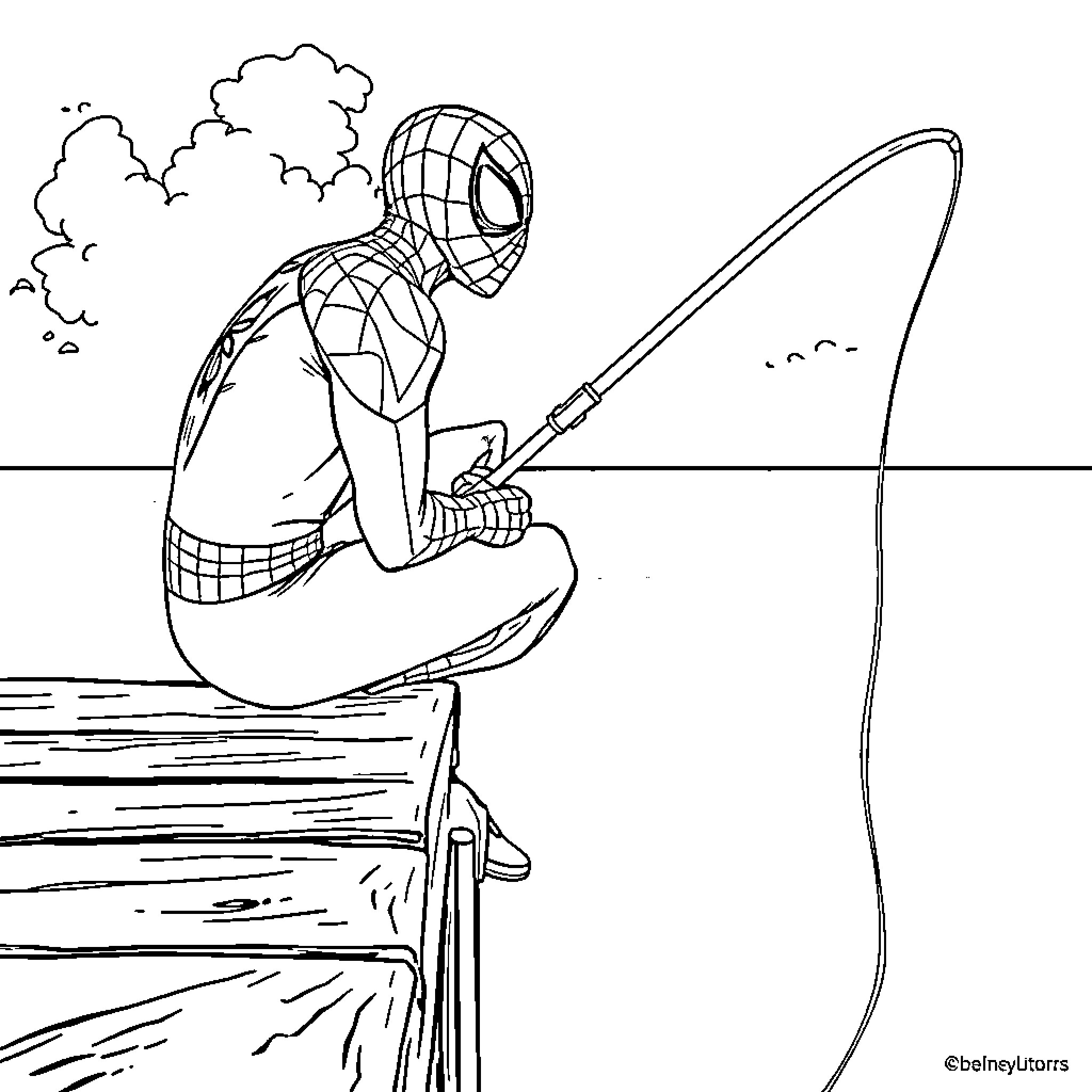 Spiderman contemplating while fishing Coloring Page (free black-and-white line drawing printable PDF for all, from beginners to advanced learners, including children, teens, adults, and seniors)