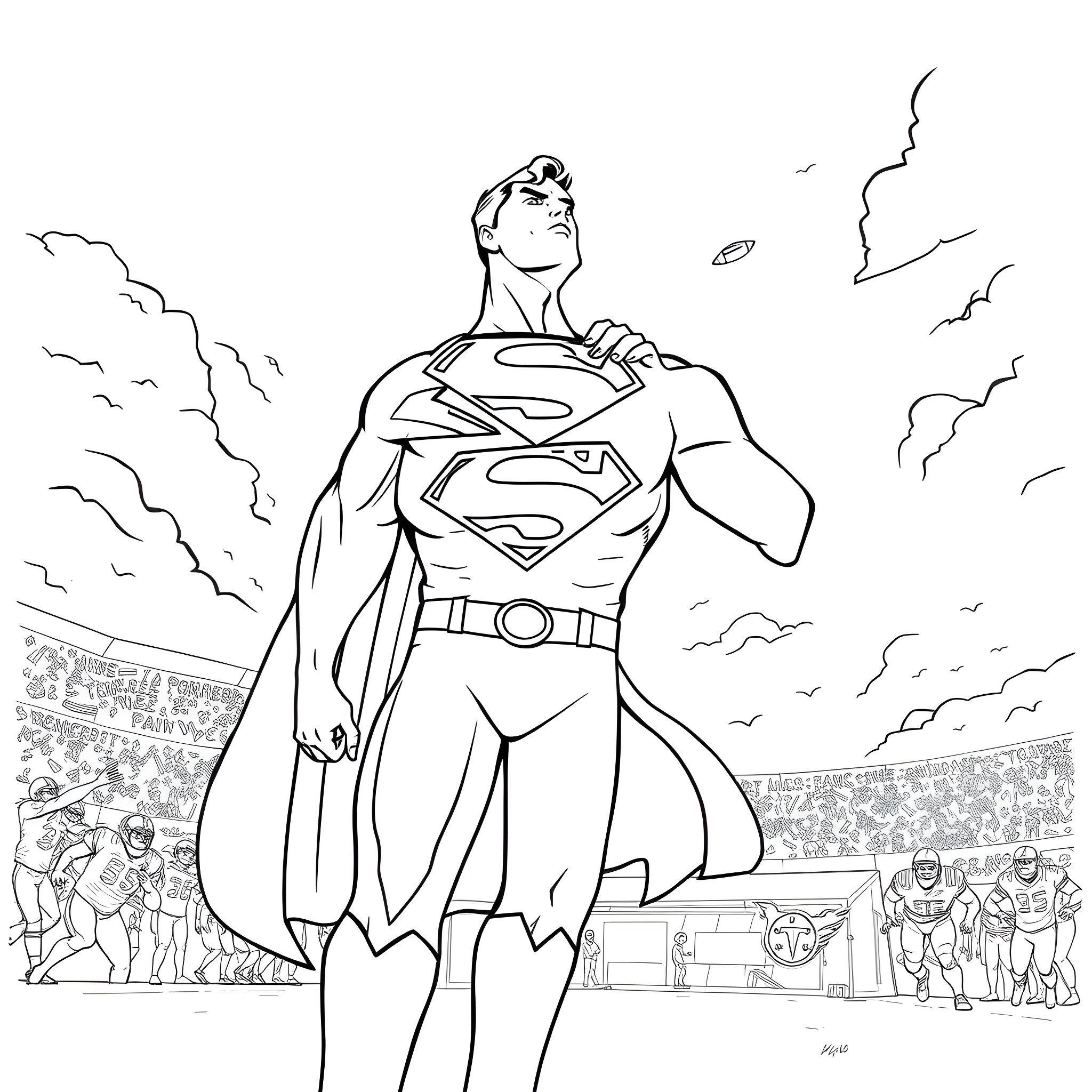 Superman in heroic pose at a stadium Coloring Page (free black-and-white line drawing printable PDF for all, from beginners to advanced learners, including children, teens, adults, and seniors)