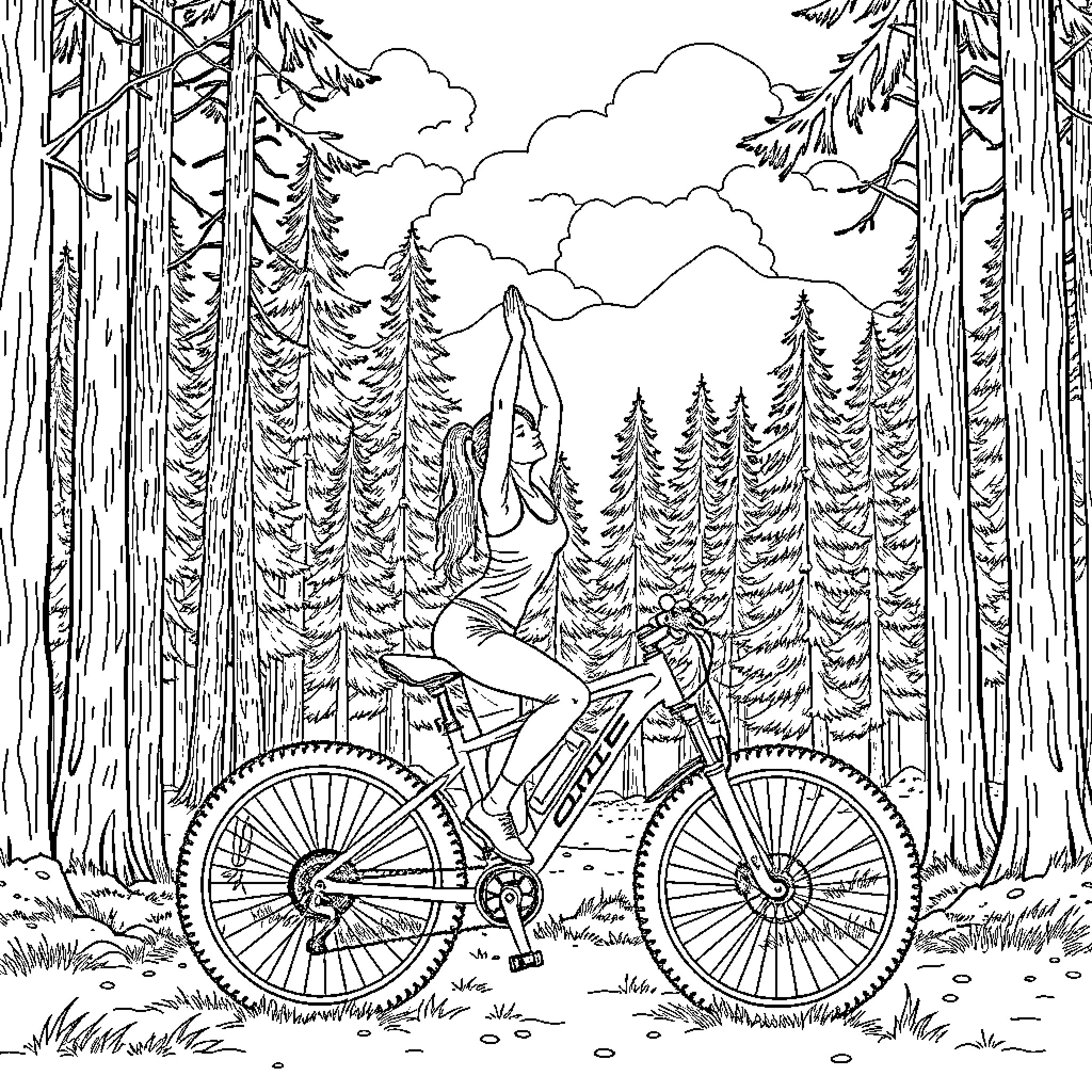 Yoga in the Serene Forest Landscape Coloring Page (free black-and-white line drawing printable PDF for all, from beginners to advanced learners, including children, teens, adults, and seniors)