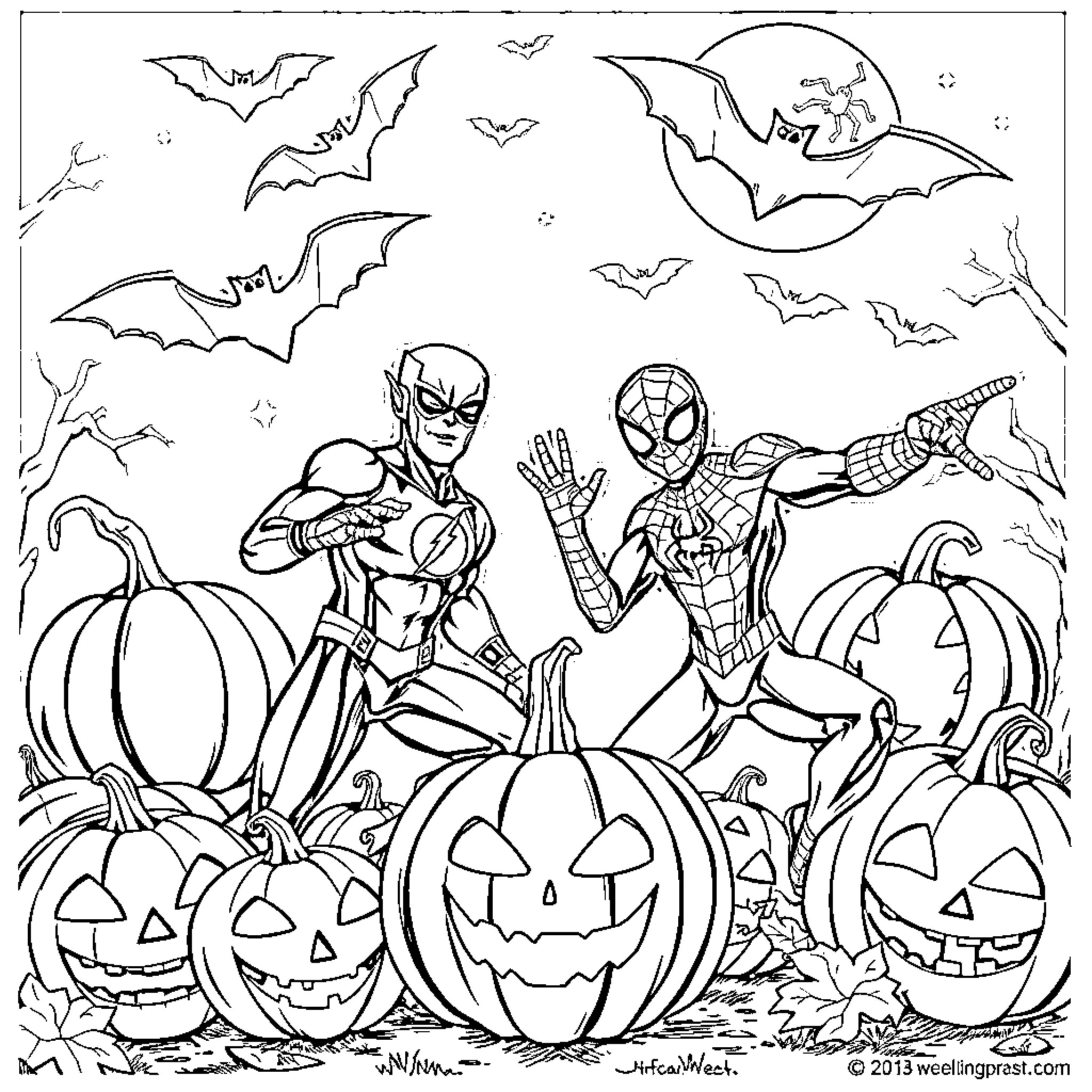 Spiderman and superhero friends in Halloween scene Coloring Page (free black-and-white line drawing printable PDF for all, from beginners to advanced learners, including children, teens, adults, and seniors)