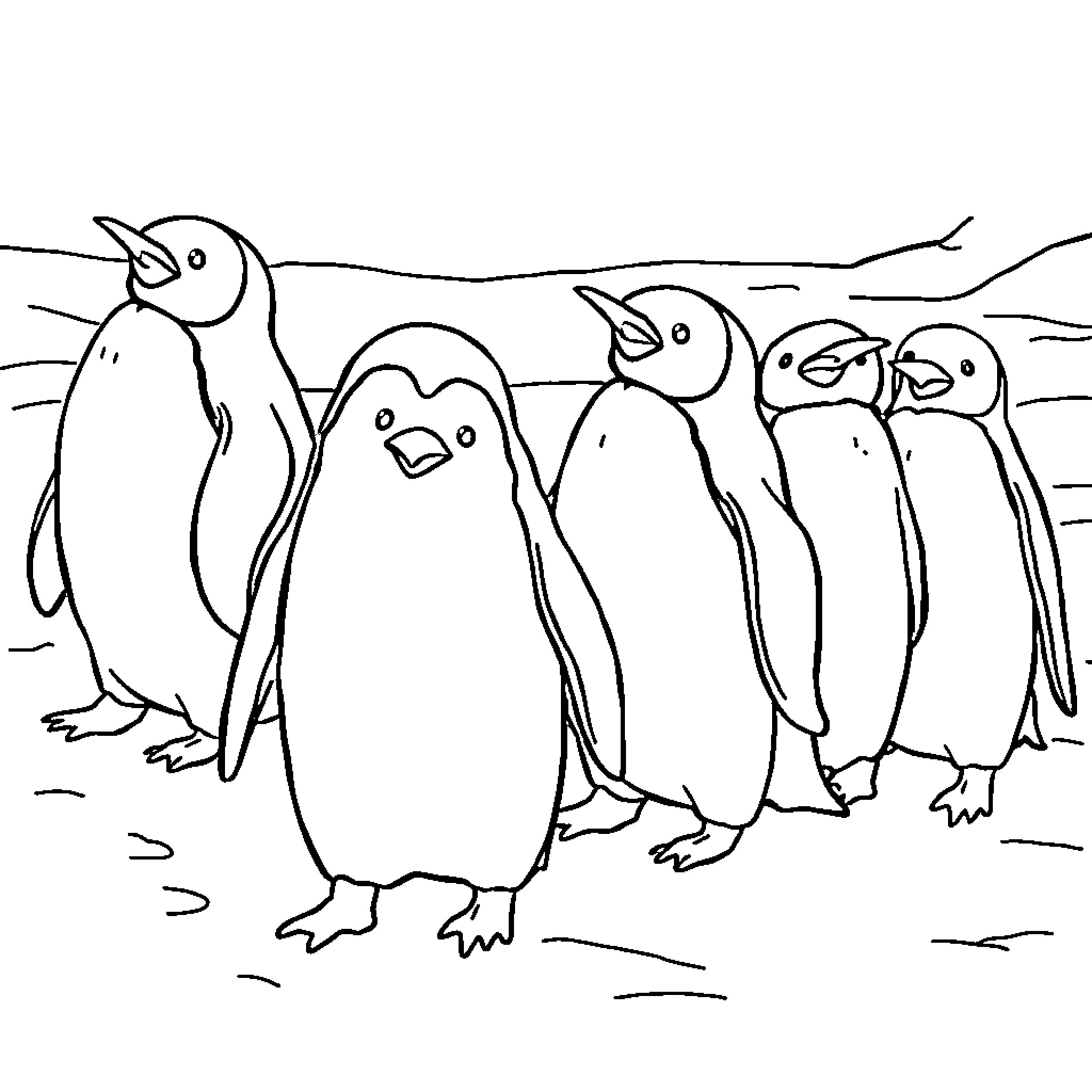Penguin group huddled together Coloring Page (free black-and-white line drawing printable PDF for all, from beginners to advanced learners, including children, teens, adults, and seniors)
