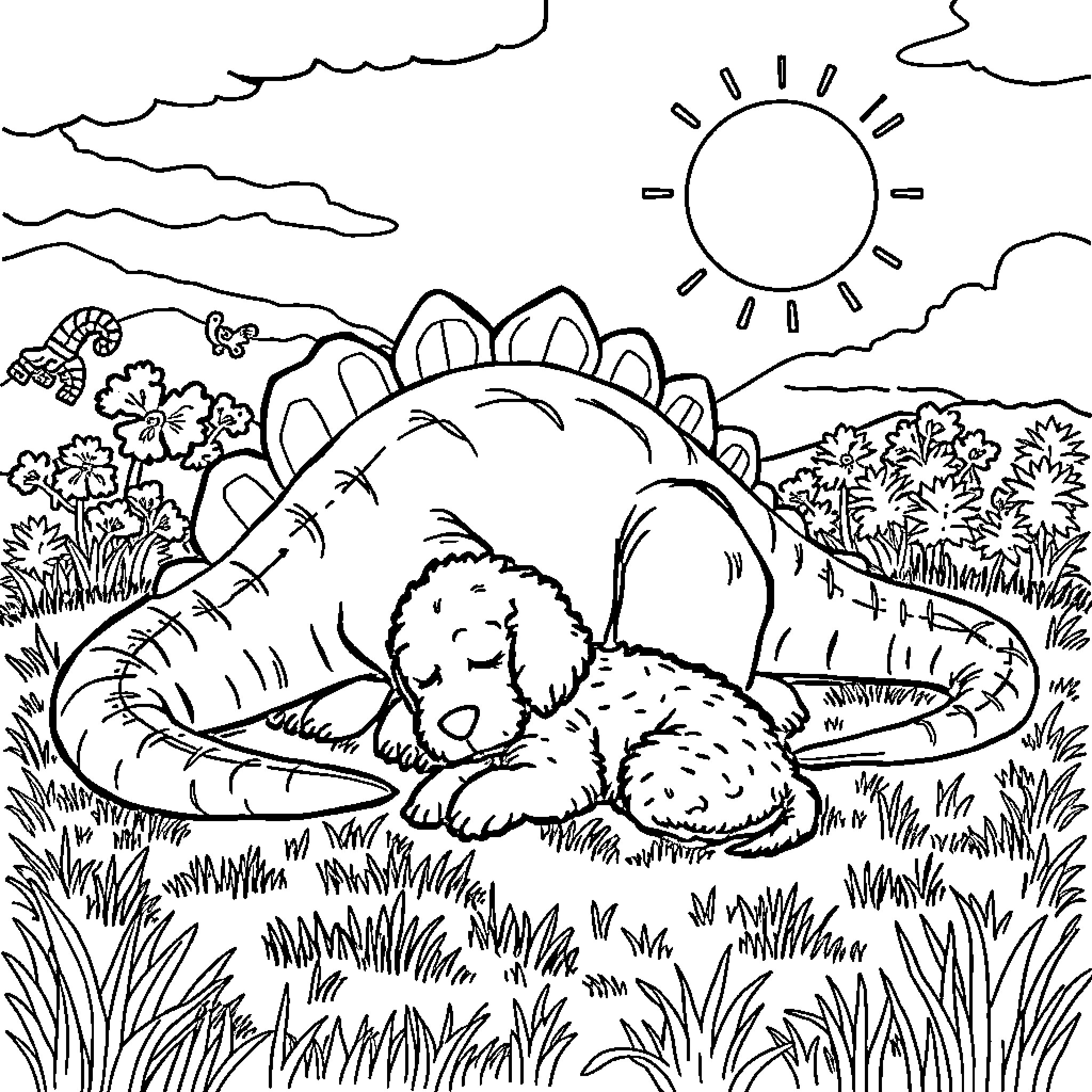 Dinosaur napping peacefully in grassy field Coloring Page (free black-and-white line drawing printable PDF for all, from beginners to advanced learners, including children, teens, adults, and seniors)