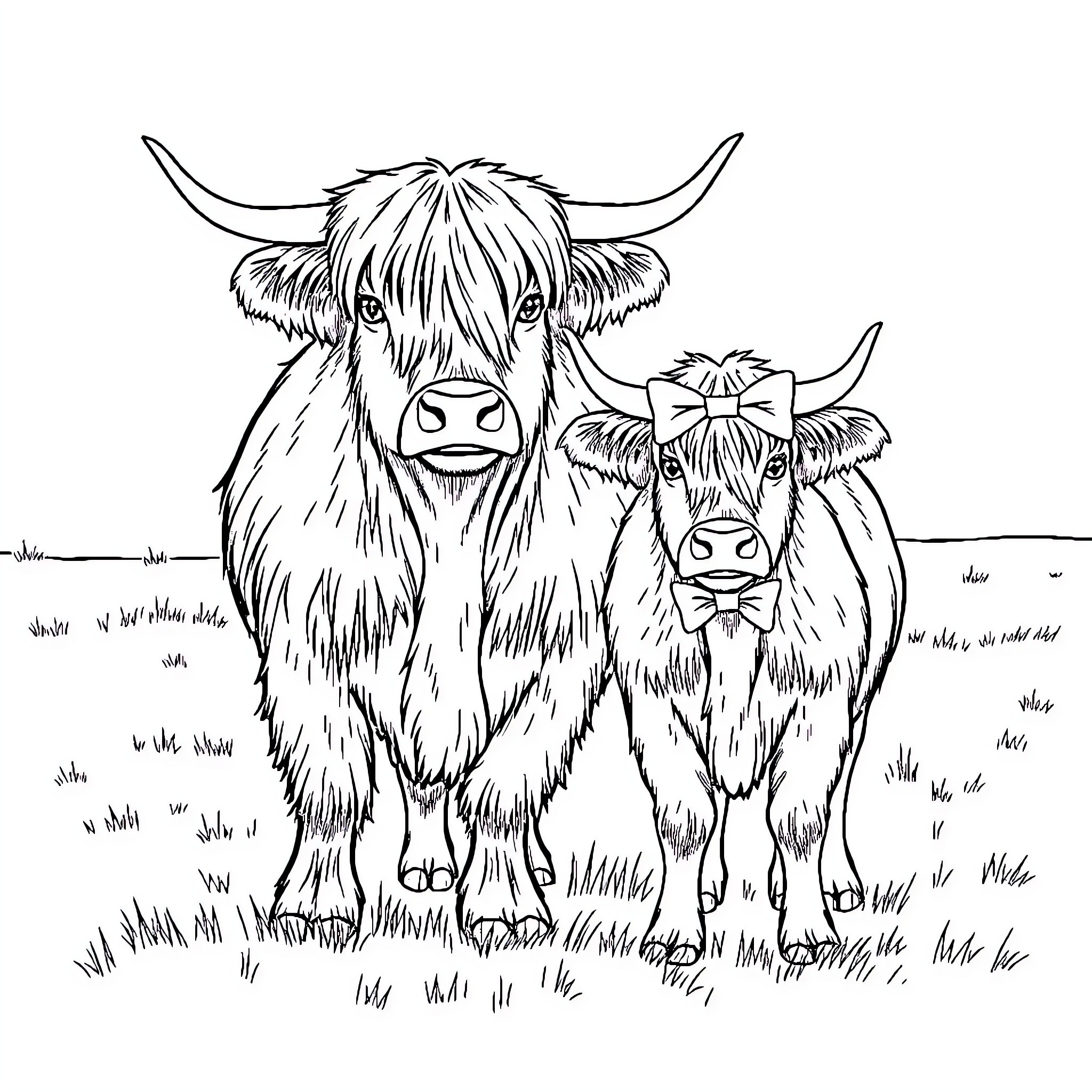 Scottish Highland Cattle standing together in a field Coloring Page (free black-and-white line drawing printable PDF for all, from beginners to advanced learners, including children, teens, adults, and seniors)