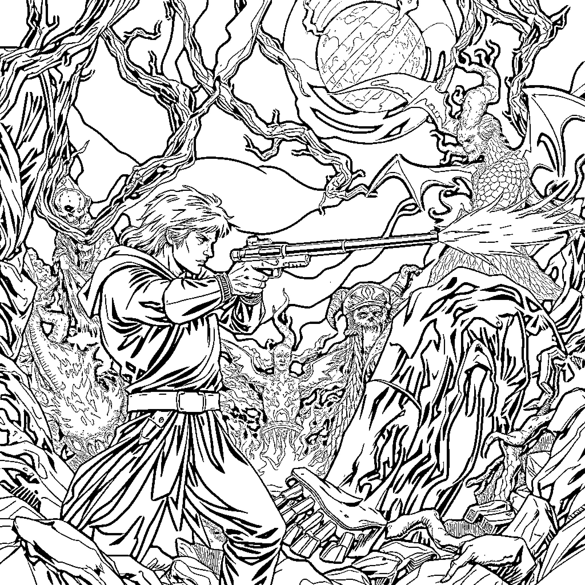 Dante's Epic Confrontation with Mythical Creatures Coloring Page (free black-and-white line drawing printable PDF for all, from beginners to advanced learners, including children, teens, adults, and seniors)