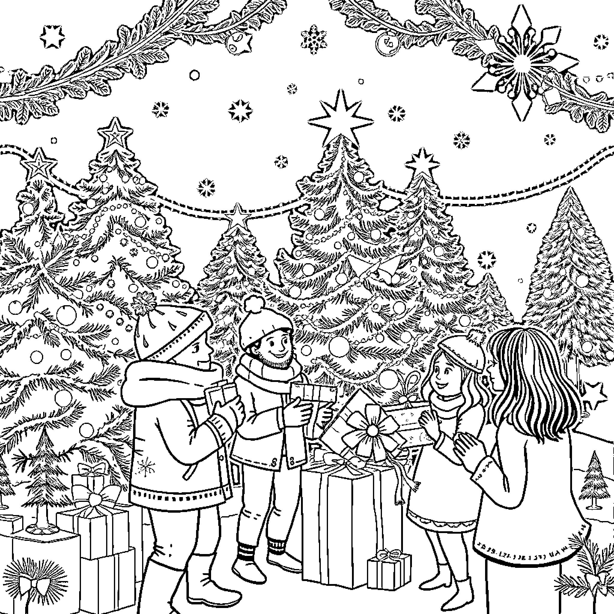Christmas Celebration with Family and Friends Coloring Page (free black-and-white line drawing printable PDF for all, from beginners to advanced learners, including children, teens, adults, and seniors)
