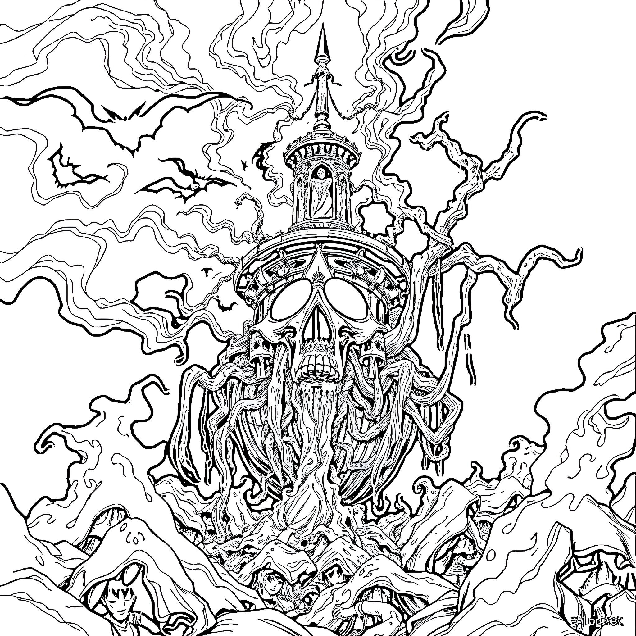 Vessel of Unsettling Ethereal Imagery Coloring Page (free black-and-white line drawing printable PDF for all, from beginners to advanced learners, including children, teens, adults, and seniors)