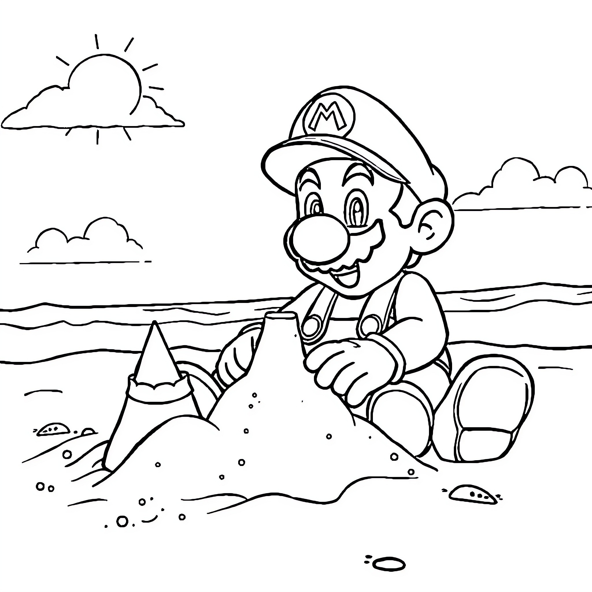 Mario building a sand castle on the beach Coloring Page (free black-and-white line drawing printable PDF for all, from beginners to advanced learners, including children, teens, adults, and seniors)