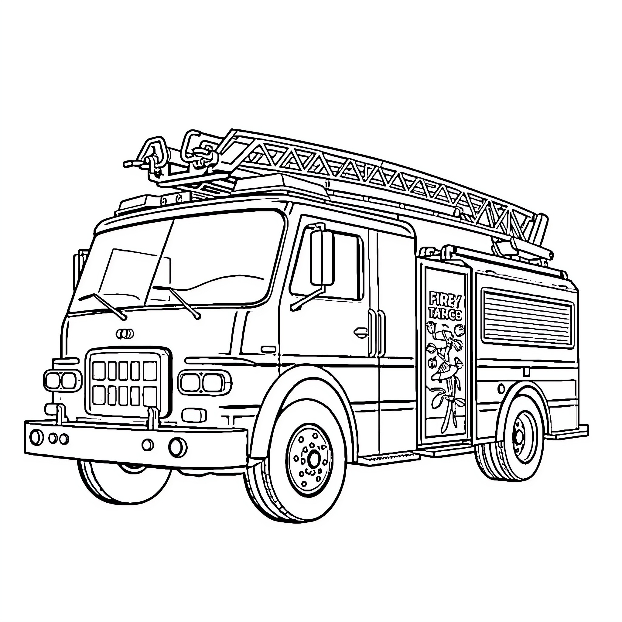 Fire Truck with Extended Ladder in Action Coloring Page (free black-and-white line drawing printable PDF for all, from beginners to advanced learners, including children, teens, adults, and seniors)