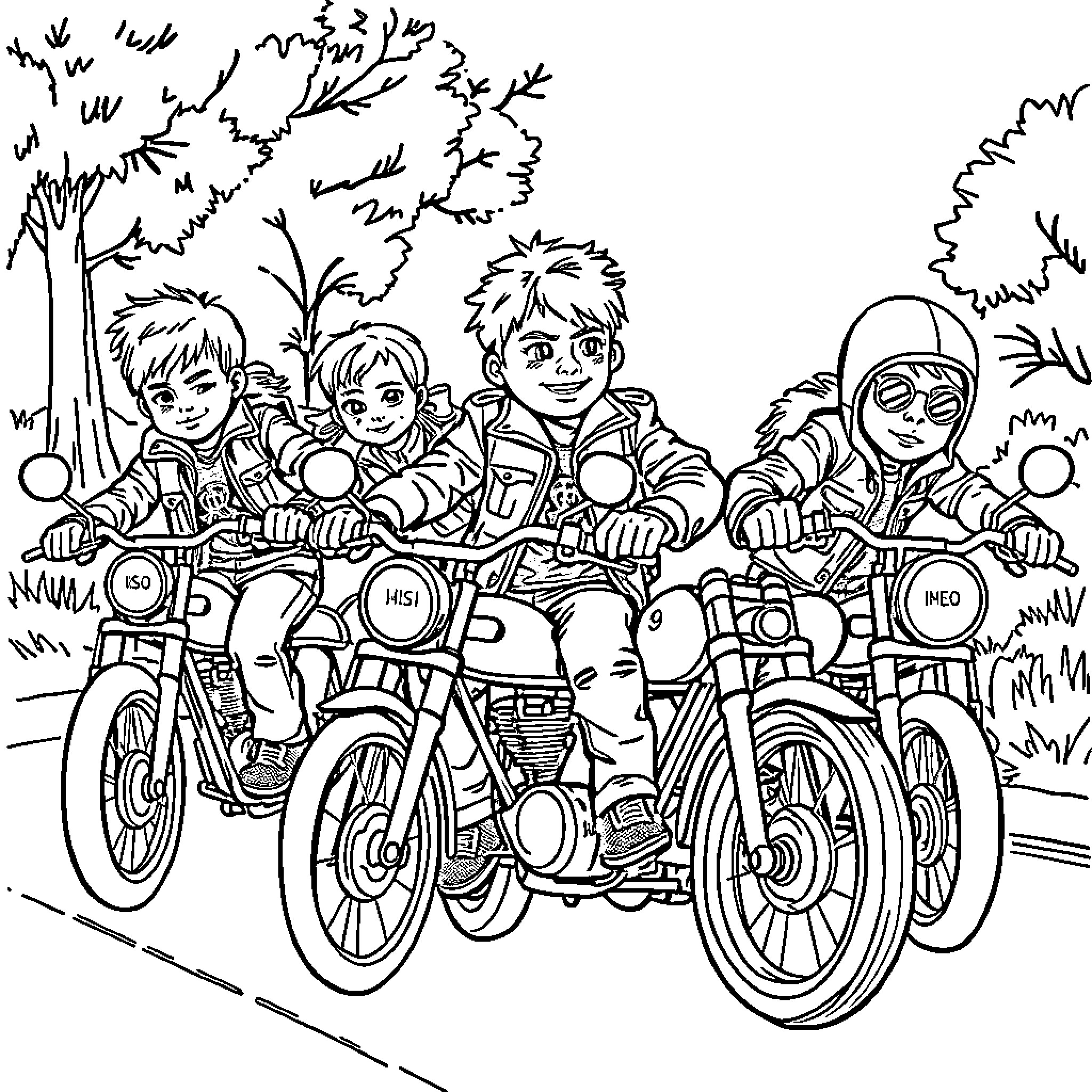 Sons of Anarchy riding motorcycles through the wilderness Coloring Page (free black-and-white line drawing printable PDF for all, from beginners to advanced learners, including children, teens, adults, and seniors)