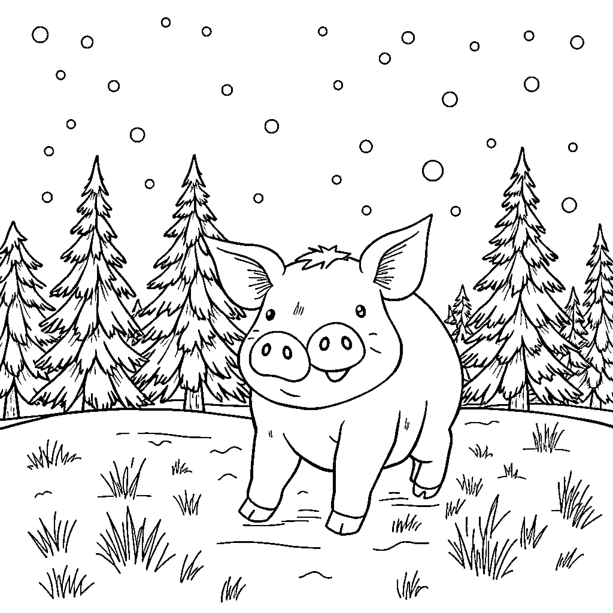 Piggy Bank Exploring Snowy Forest Landscape Coloring Page (free black-and-white line drawing printable PDF for all, from beginners to advanced learners, including children, teens, adults, and seniors)