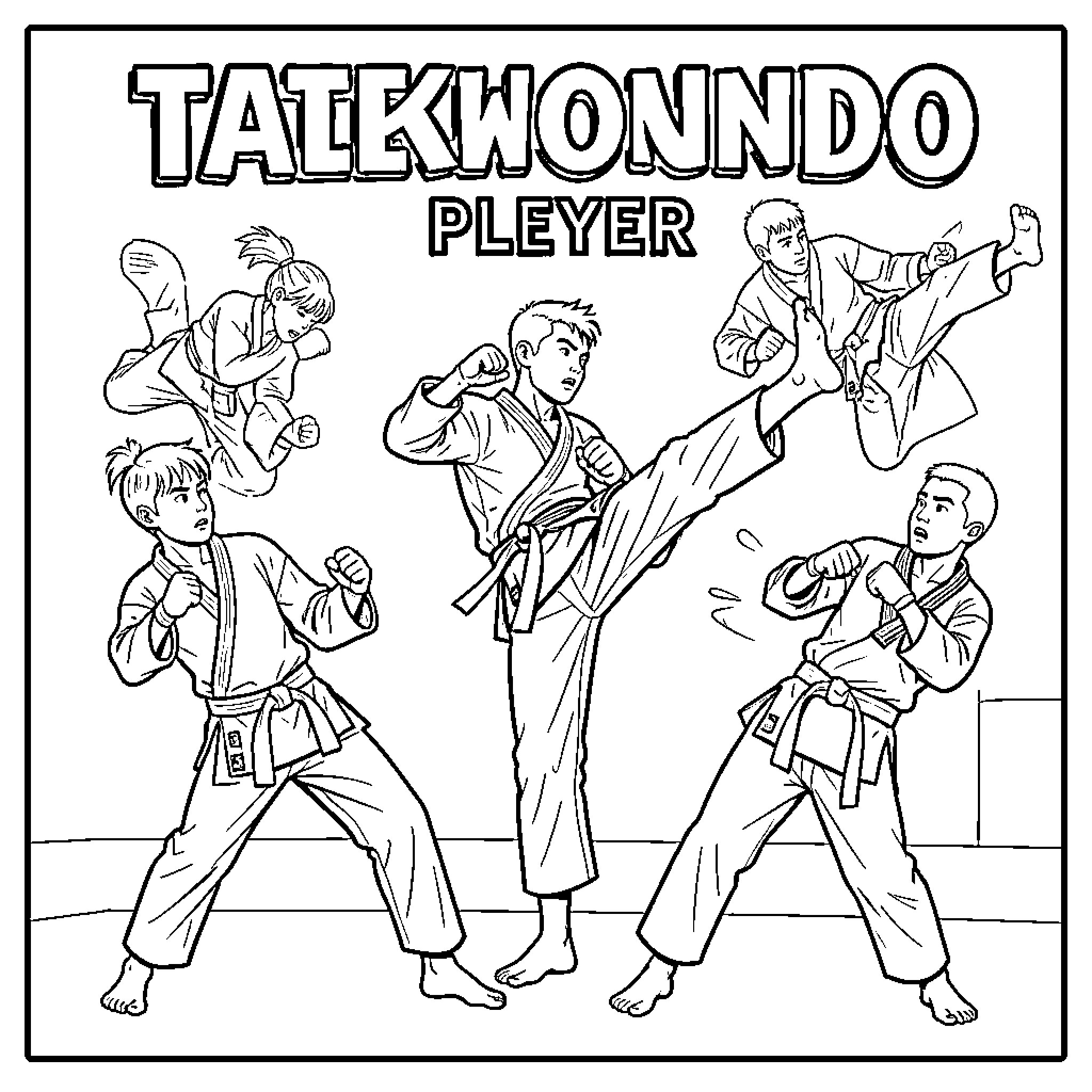 Taekwondo players performing various martial arts kicks and stances Coloring Page (free black-and-white line drawing printable PDF for all, from beginners to advanced learners, including children, teens, adults, and seniors)