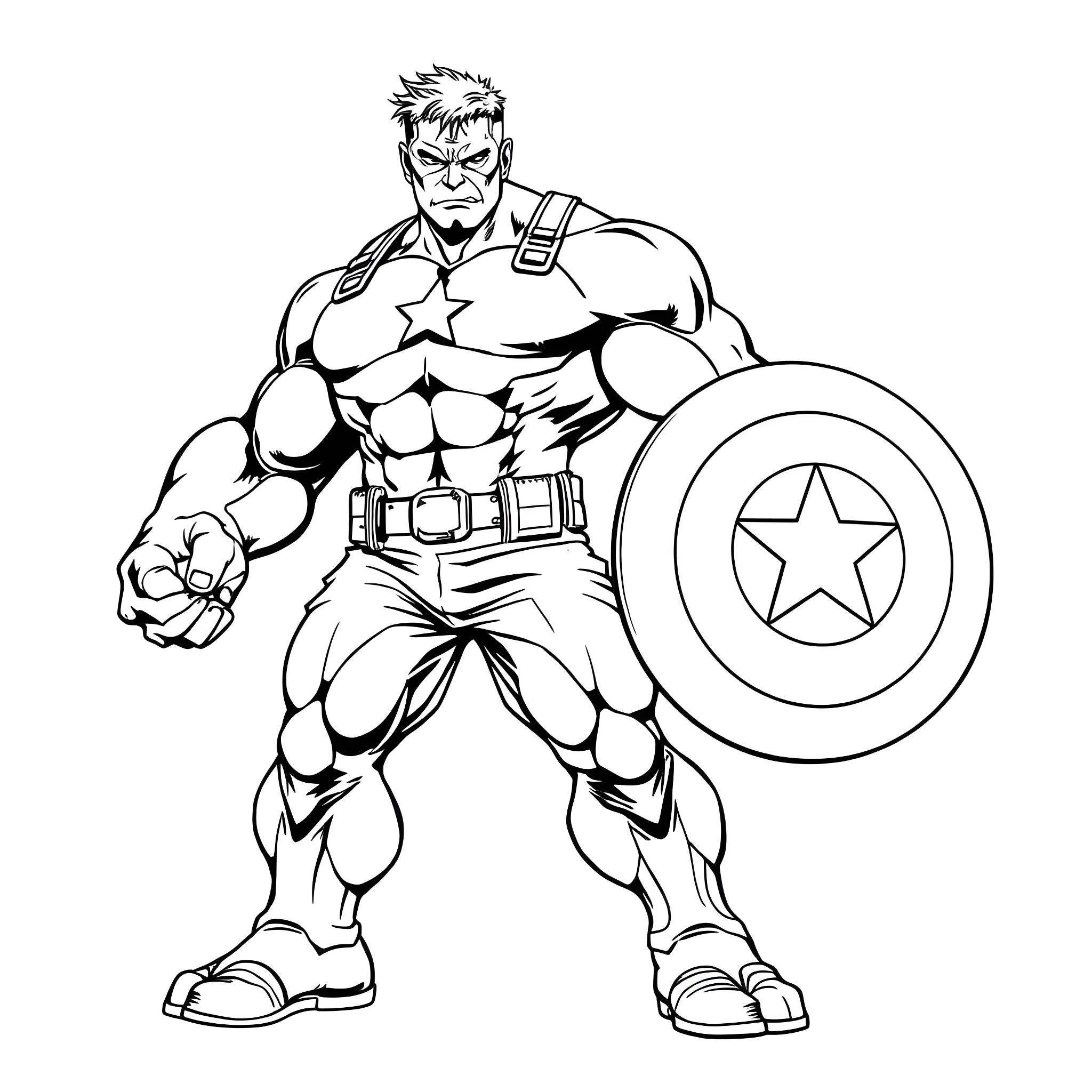 Hulk-inspired superhero in action pose with shield Coloring Page (free black-and-white line drawing printable PDF for all, from beginners to advanced learners, including children, teens, adults, and seniors)