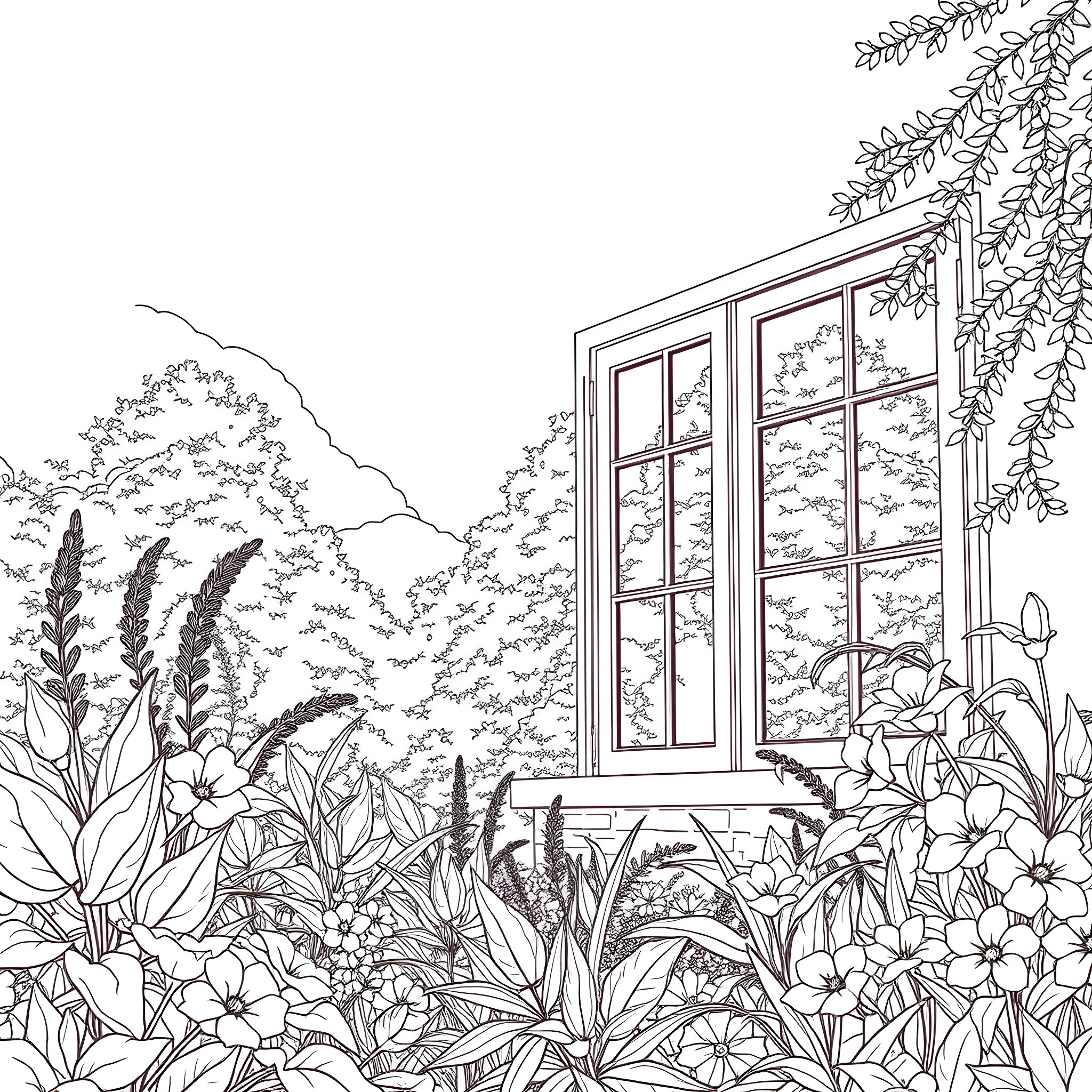 Glass Window Overlooking Lush Garden Scenery Coloring Page (free black-and-white line drawing printable PDF for all, from beginners to advanced learners, including children, teens, adults, and seniors)