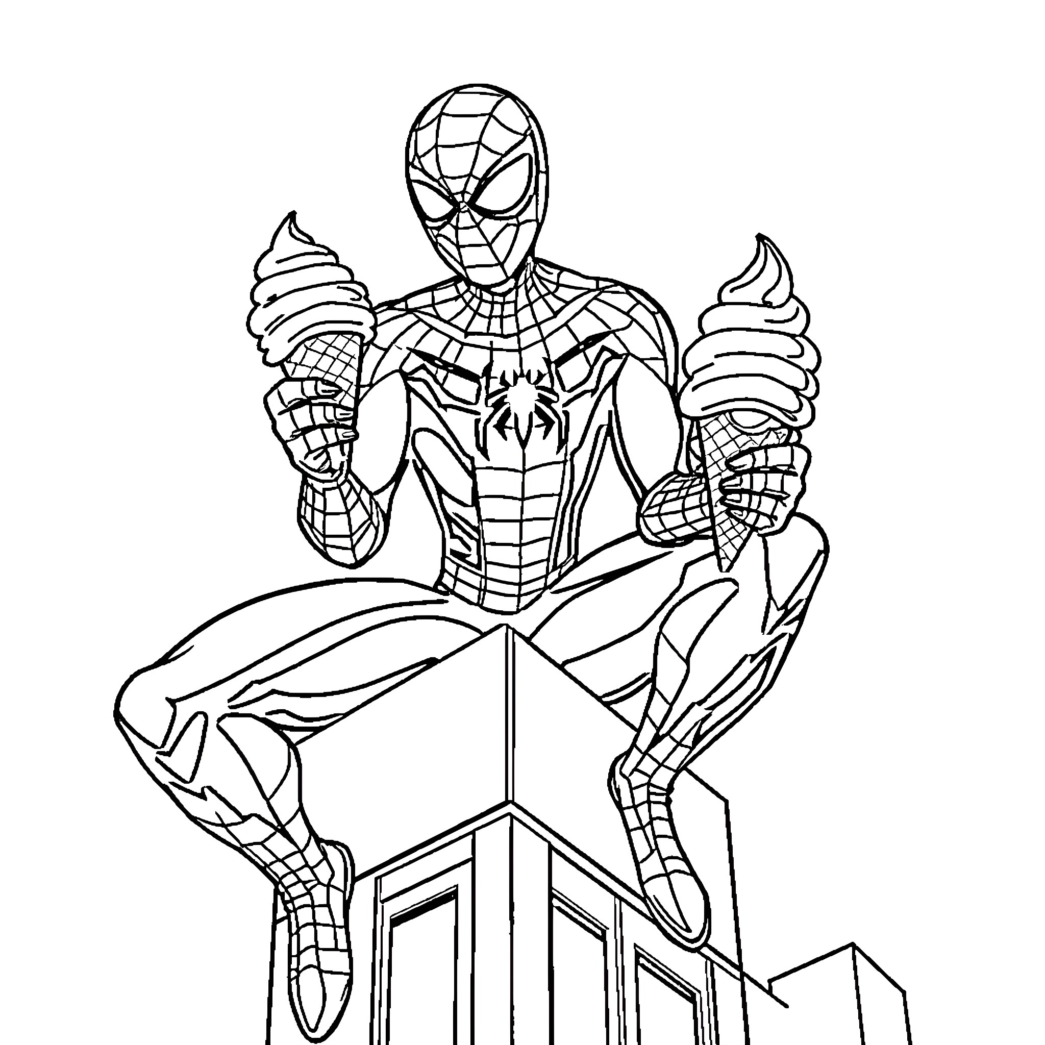 Spiderman striking a heroic pose on a building Coloring Page (free black-and-white line drawing printable PDF for all, from beginners to advanced learners, including children, teens, adults, and seniors)
