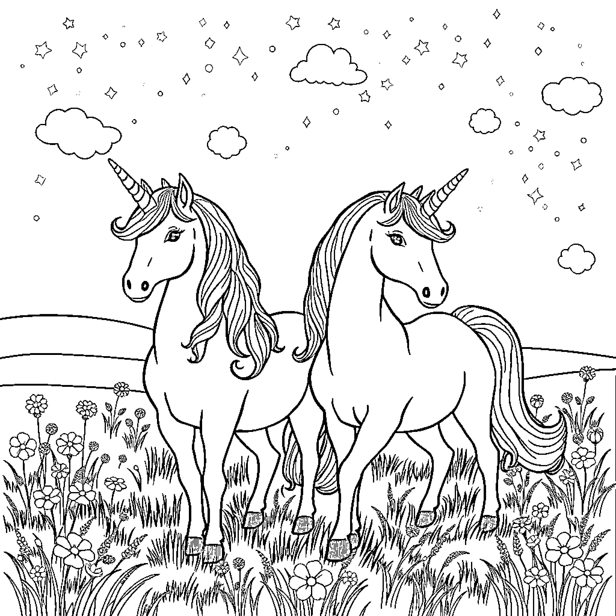 Unicorn friends frolicking in magical meadow Coloring Page (free black-and-white line drawing printable PDF for all, from beginners to advanced learners, including children, teens, adults, and seniors)